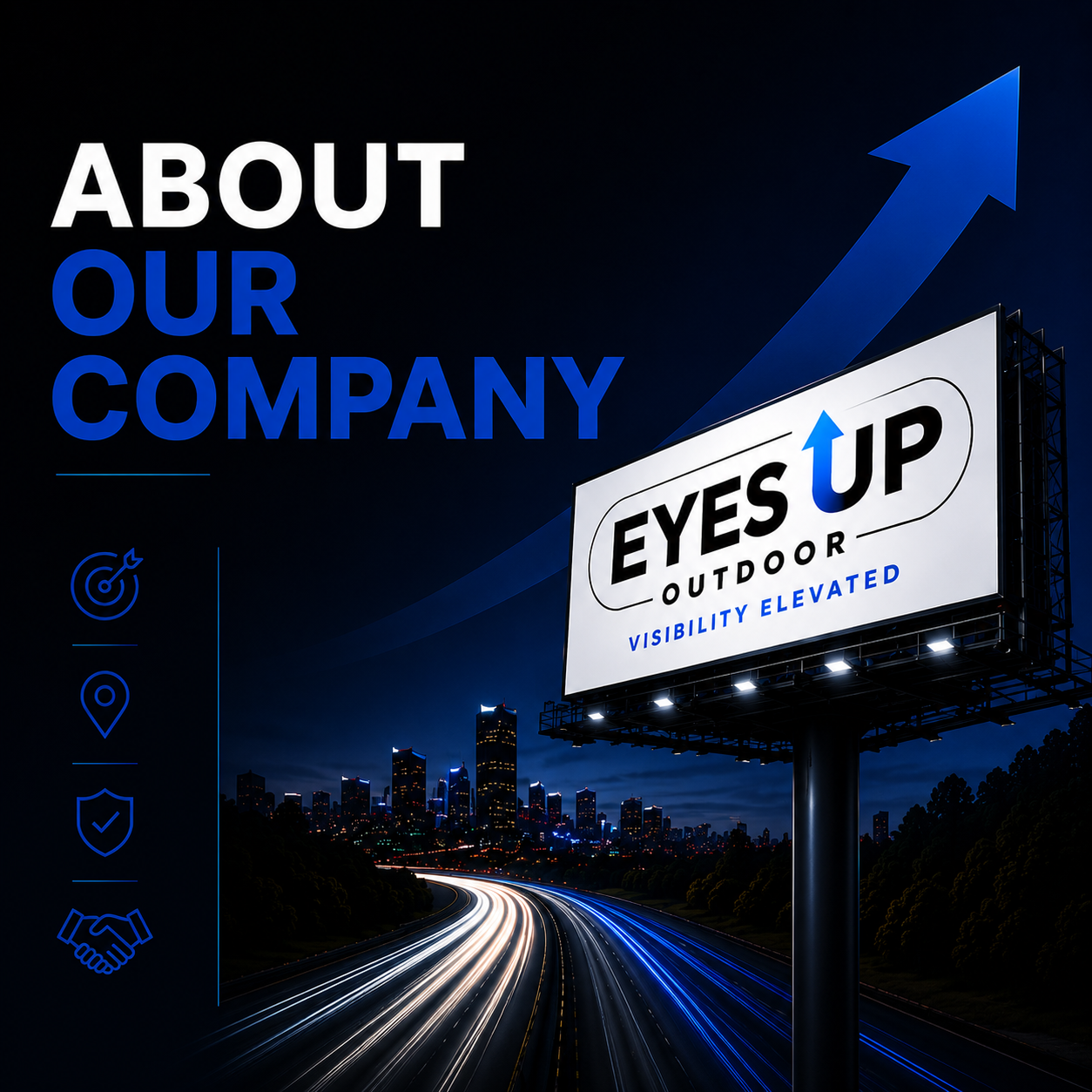 Nighttime cityscape with highway light trails, illuminated billboard reading 'Eyes Up Outdoor' with upward arrow, and text 'About Our Company' in blue and white.