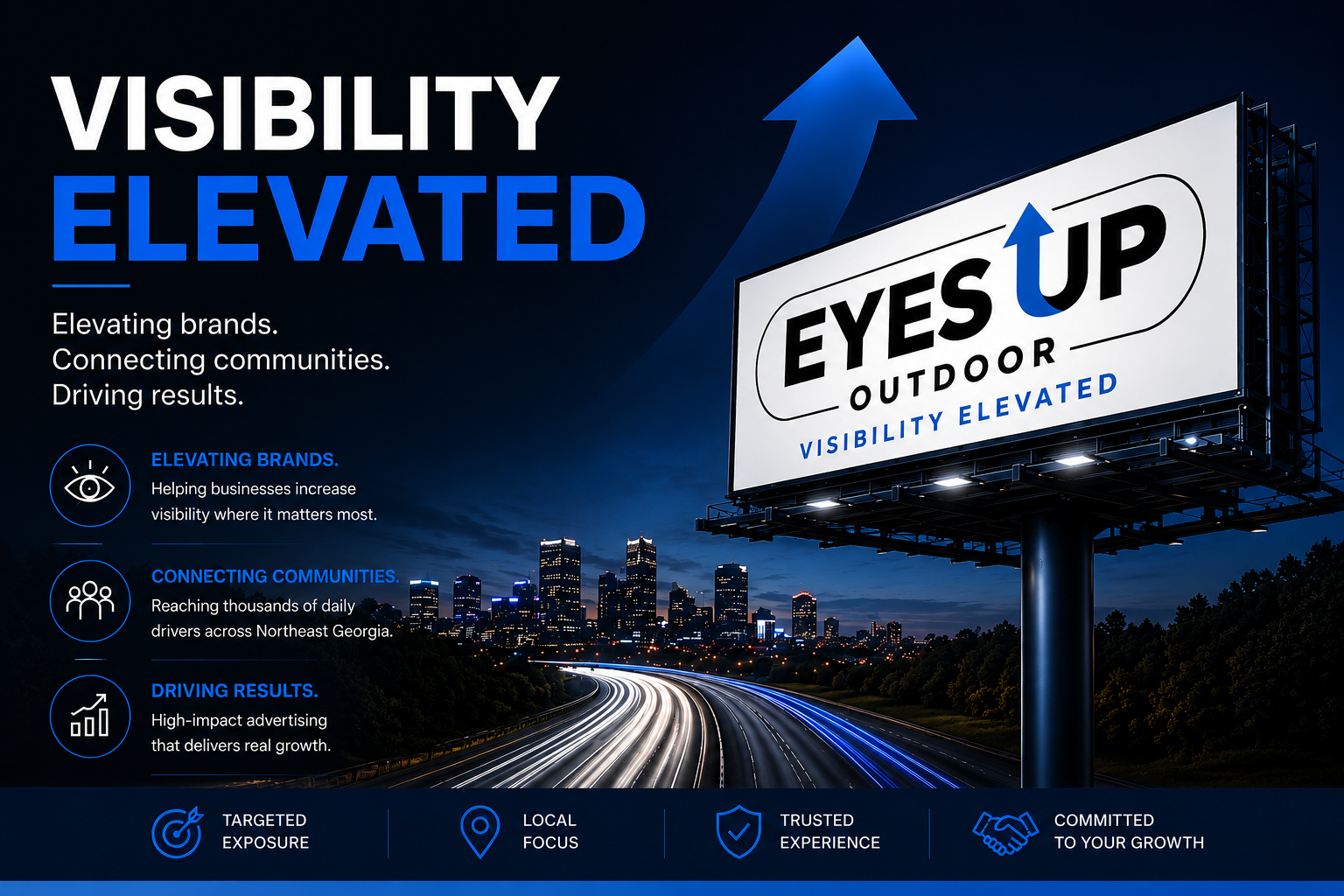 Billboard advertising outdoor advertising company, with city skyline in the background showing a highway with light trails at night. Main text reads 'VISIBILITY ELEVATED' and 'EYES UP OUTDOOR' with an upward arrow.
