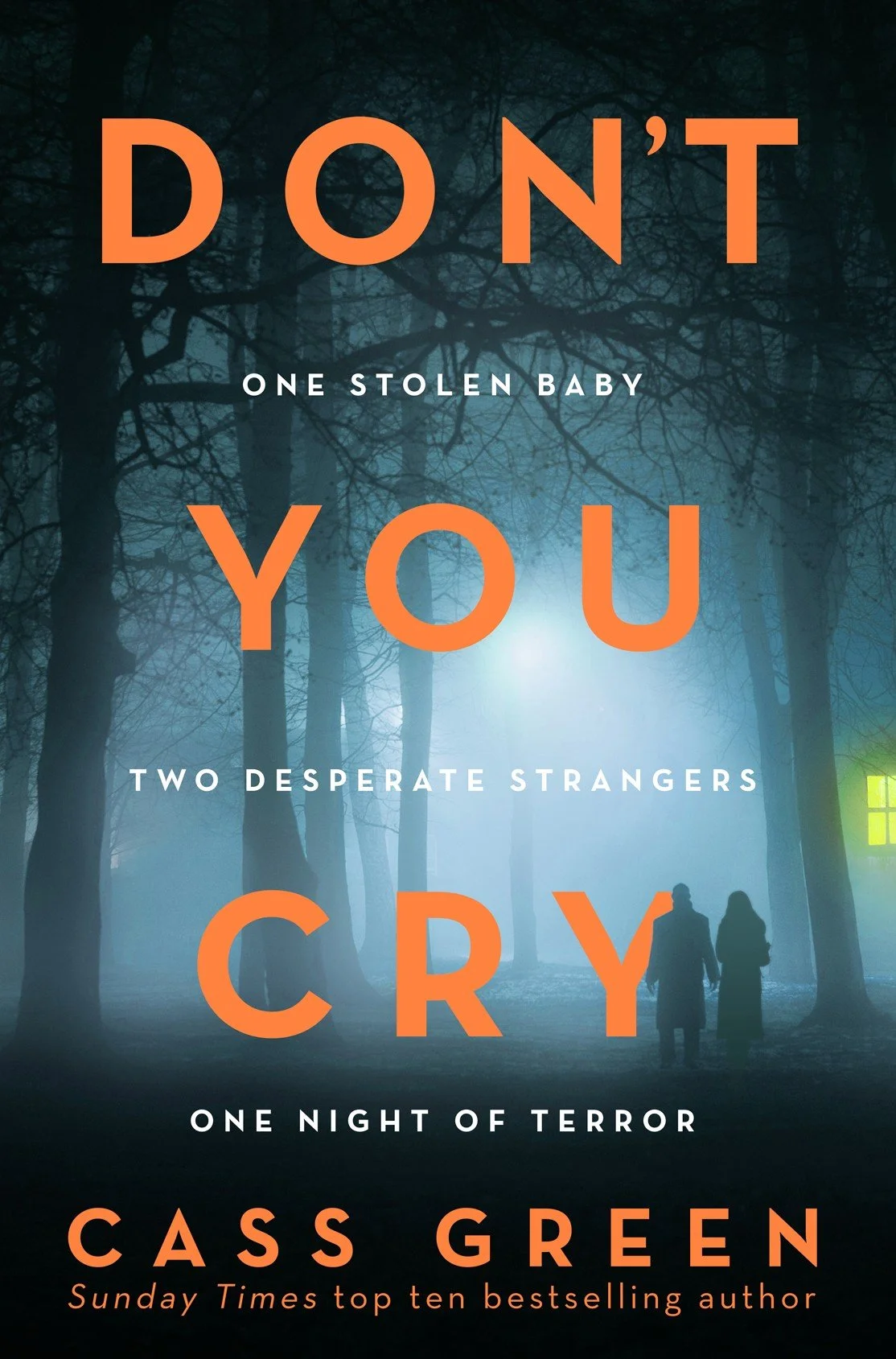 Book cover titled 'Don't You Cry' by Cass Green, featuring a dark, foggy forest scene with two people walking hand in hand.