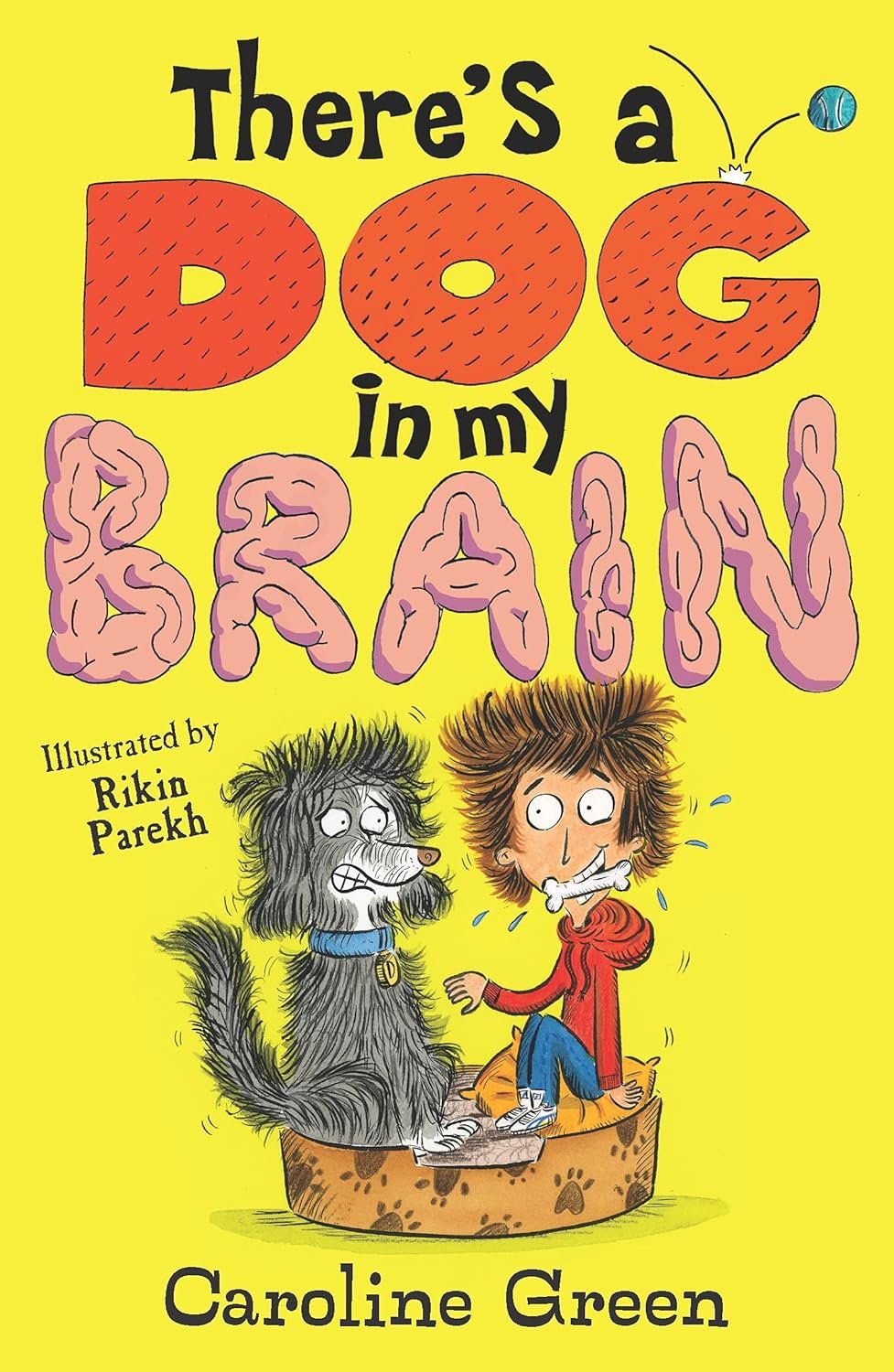 Cover of the book titled 'There's a Dog in My Bed' by Caroline Green, featuring a cartoon boy with messy hair and a bone in his mouth sitting on a dog bed with a gray, scruffy dog beside him on a yellow background.