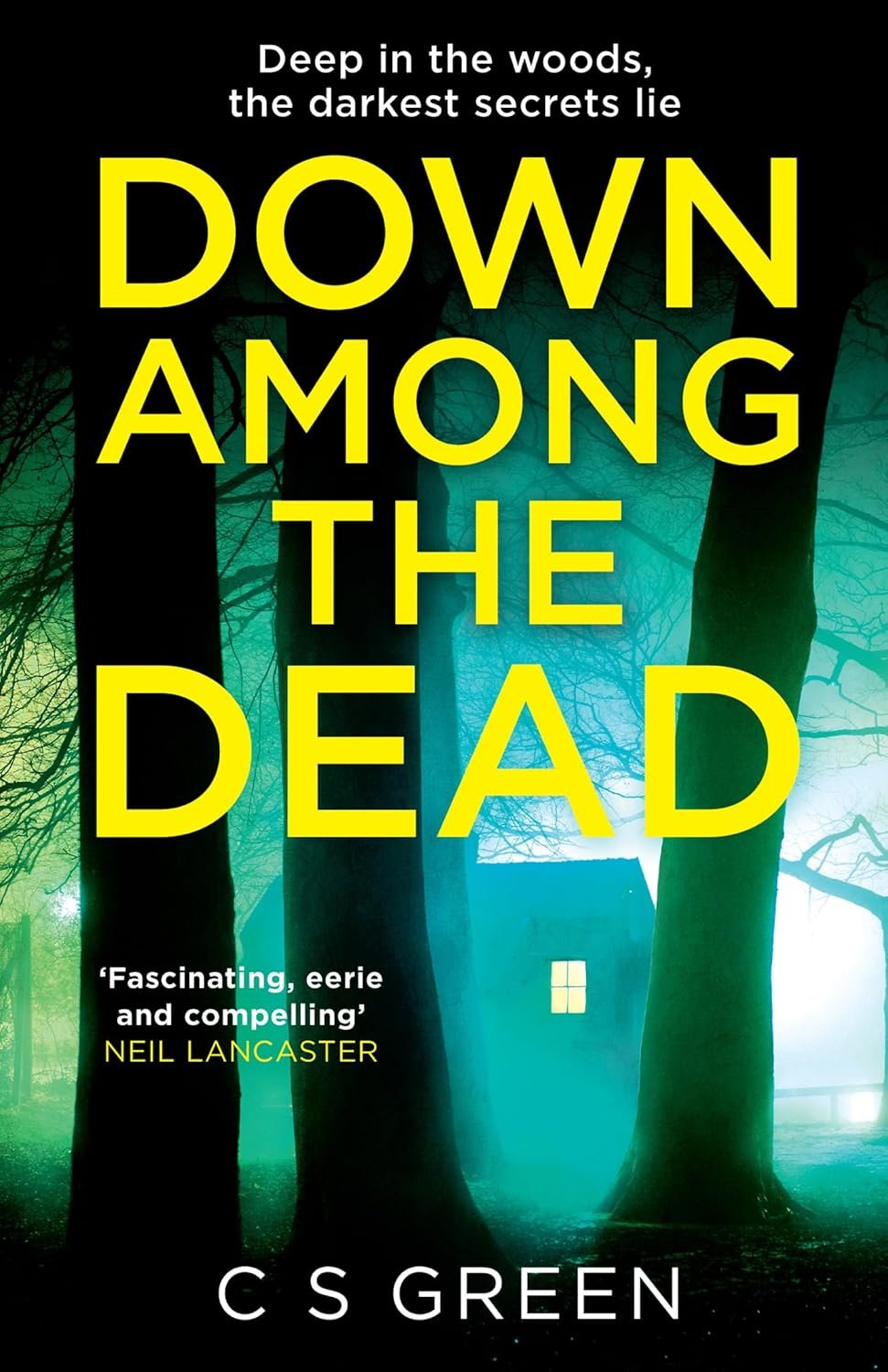 Cover of the book "Down Among the Dead" by C S Green, showing a dark forest scene with trees and a small house with lit window