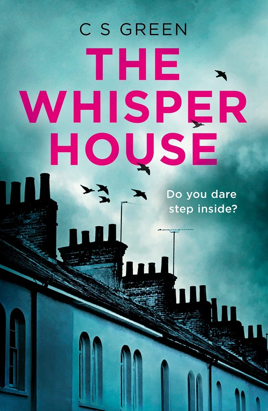 Book cover for 'The Whisper House' by C.S. Green, featuring a silhouette of rooftops with chimneys and birds flying in a cloudy sky.