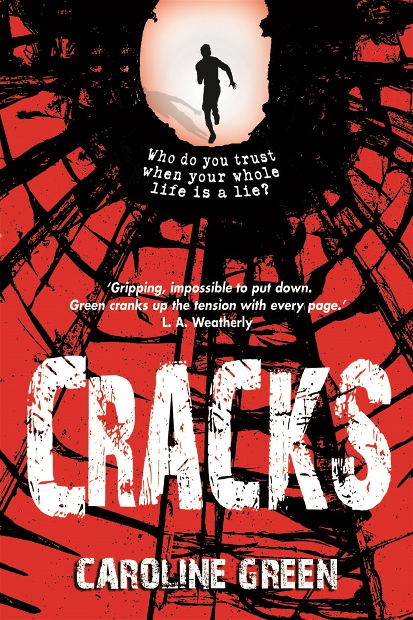 Book cover for 'Creaks' by Caroline Green featuring a silhouetted figure running through a dark, broken clock face with a red background and a hole in the center, with the quote 'Who do you trust when your whole life is a lie?'