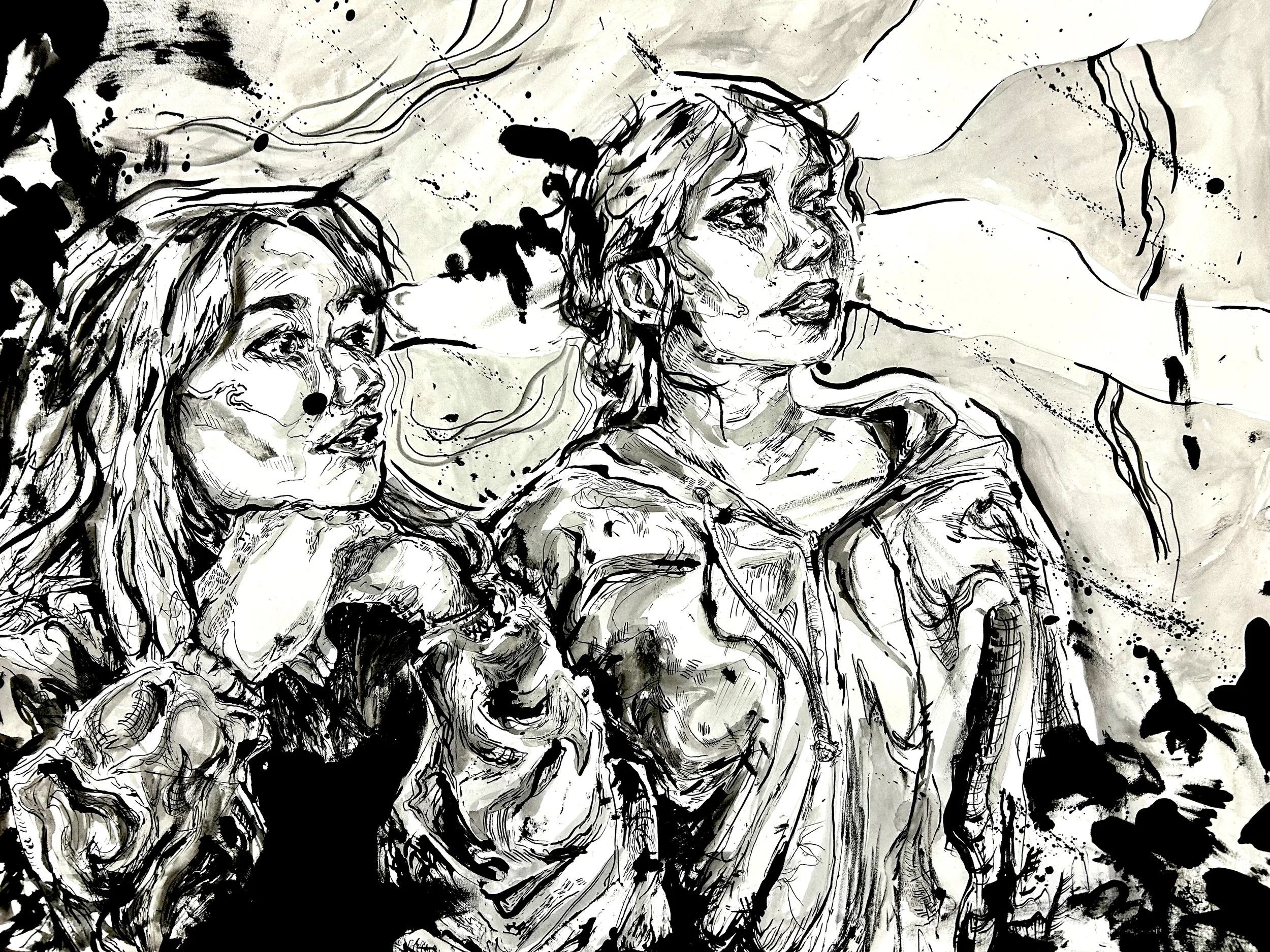 "Looking Forward" 18x24 ink on paper, 2025