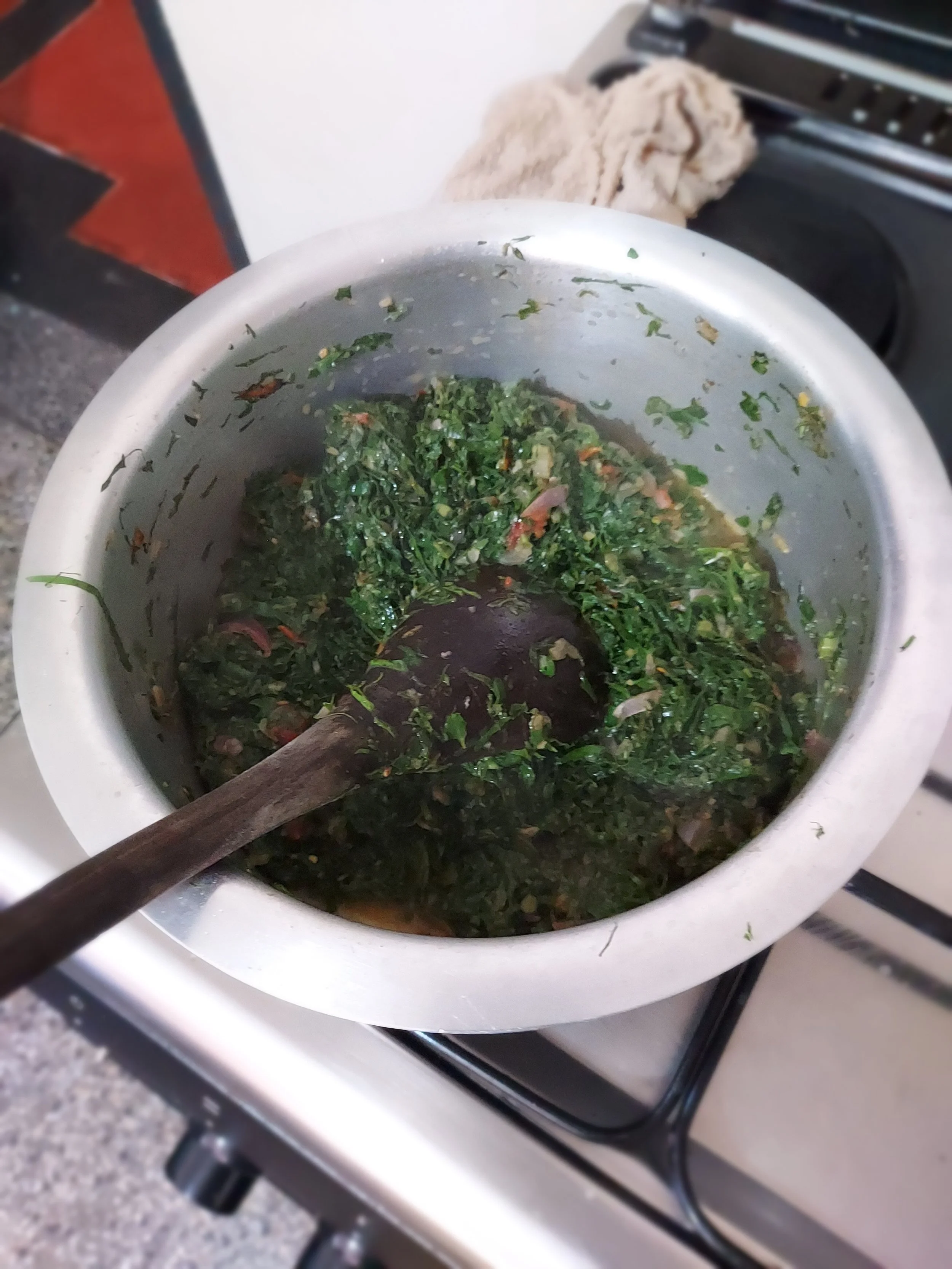 Greens mixture of kale, collards, zucchini, onions and tomatoes