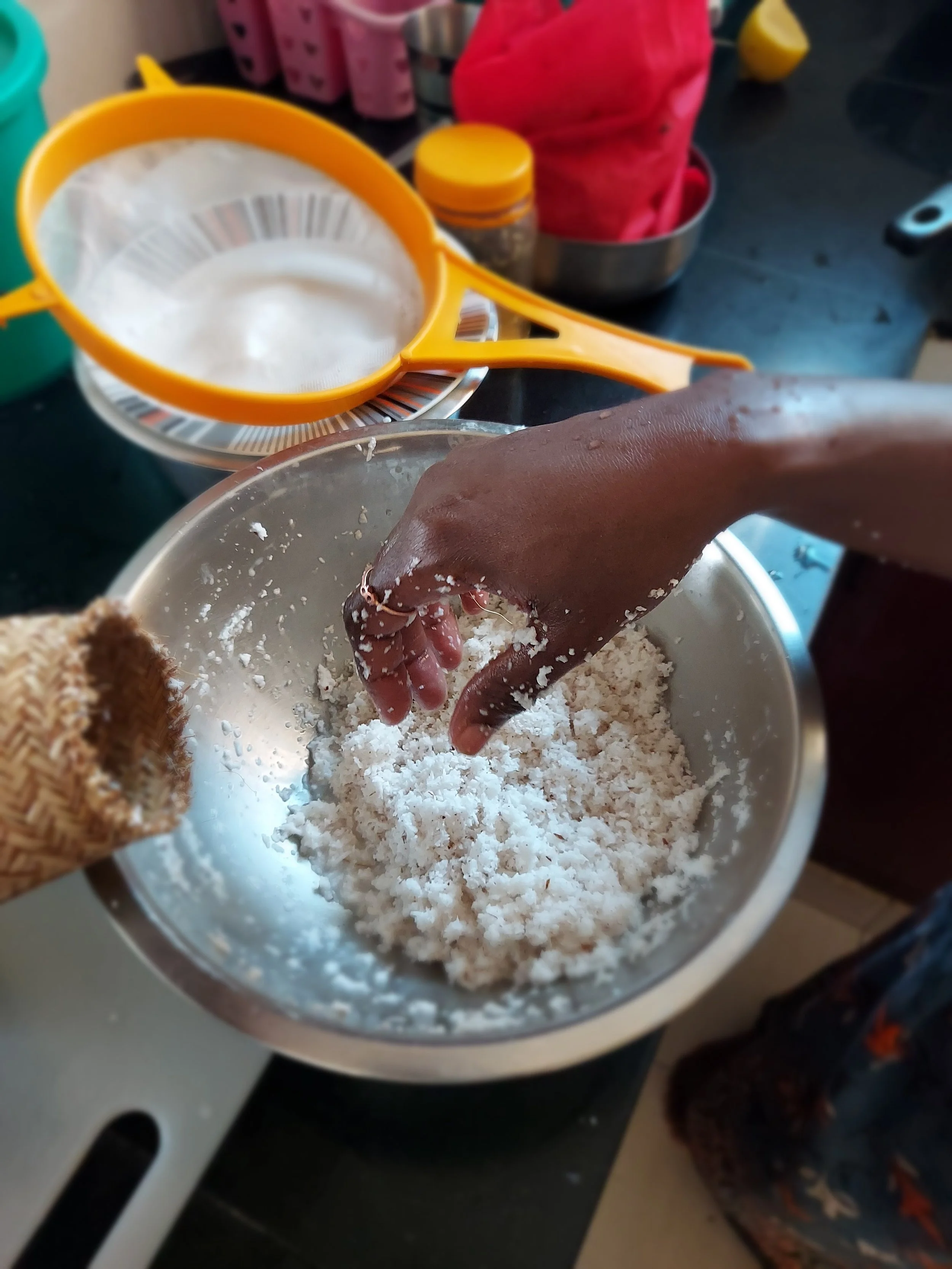 Mixing the coconut with water