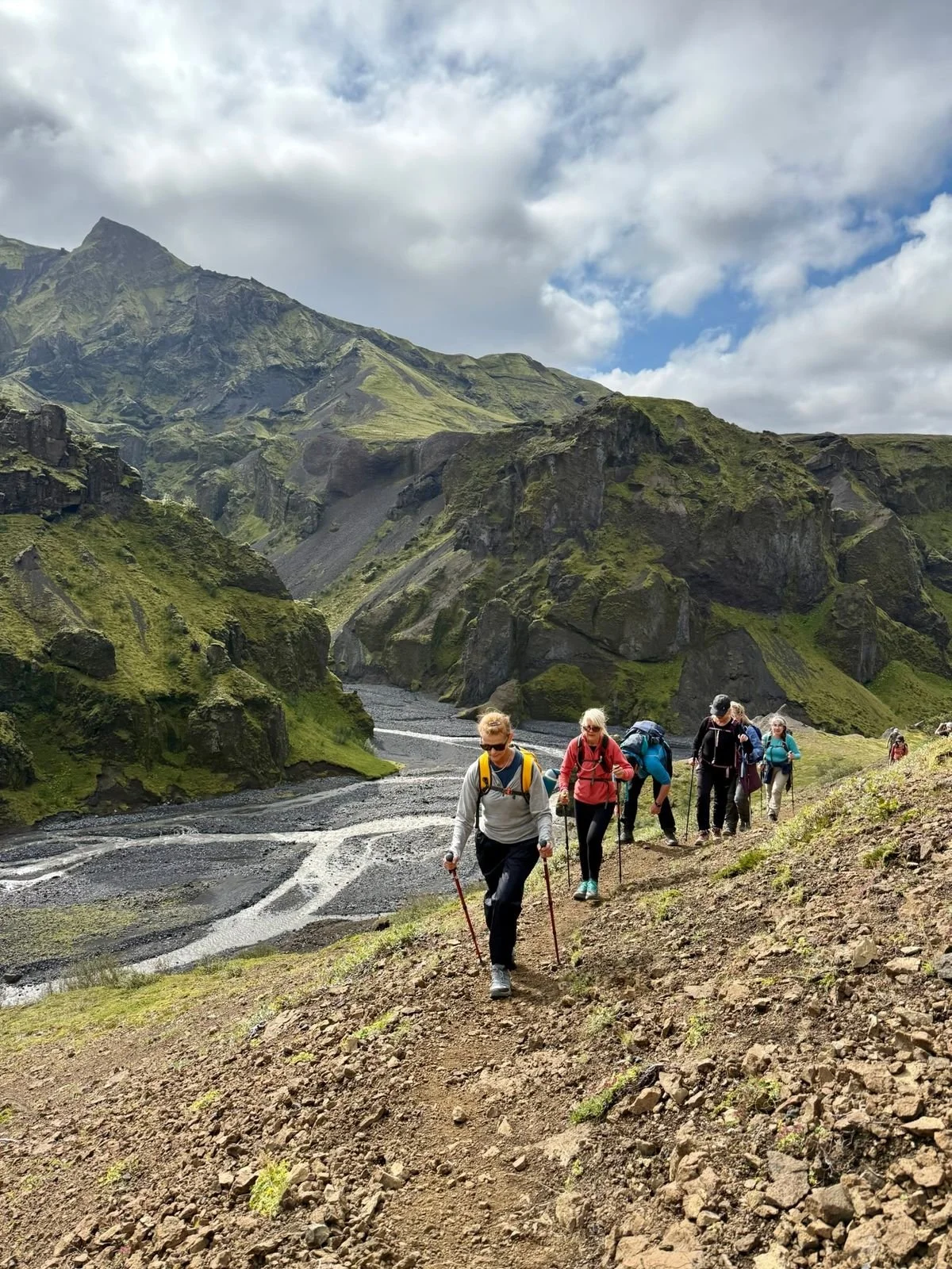 Hiking group Thorsmork rocky terrain, rivers and mountains