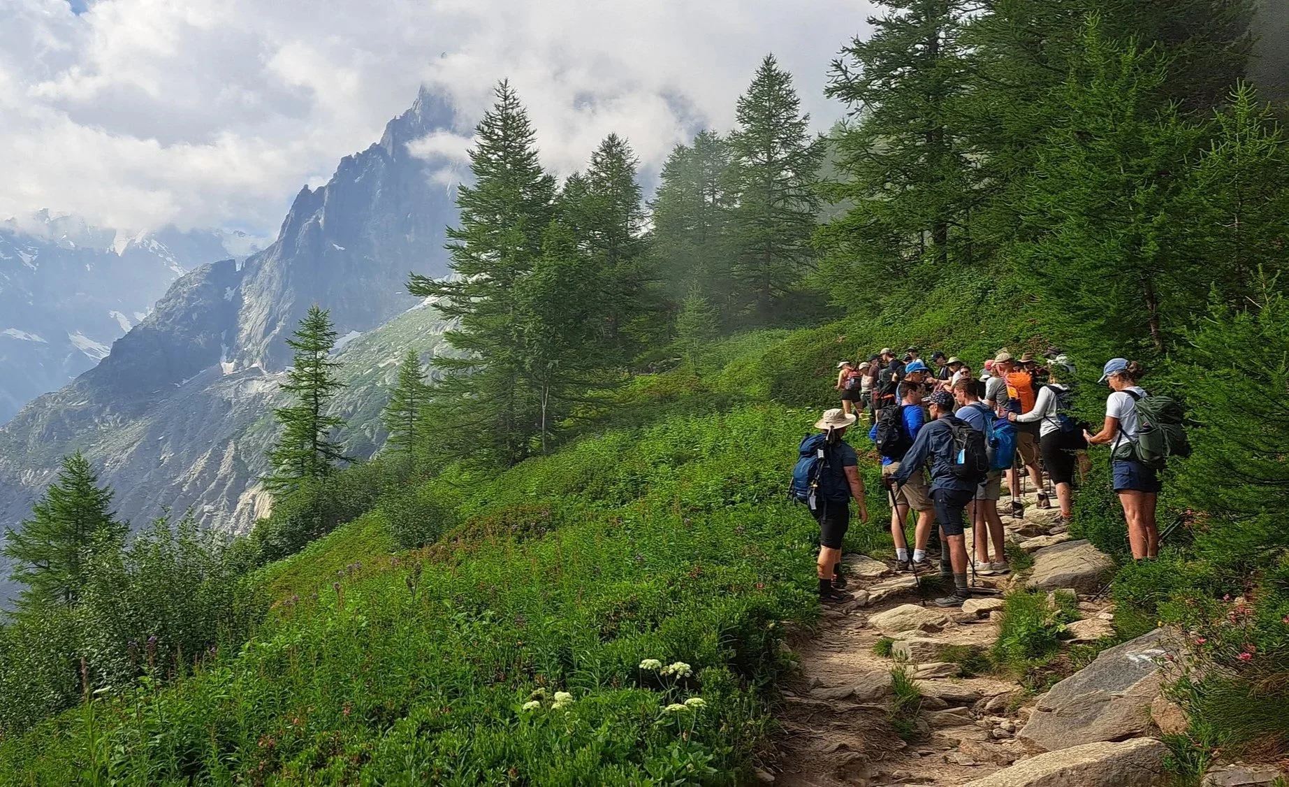 Hiking group on rocky trail with lush green and mountain backdrop