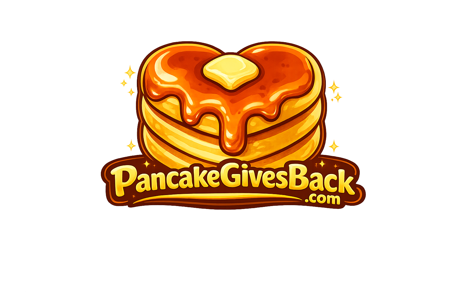 Illustration of three stacked pancakes with syrup and a pat of butter on top, with the text 'PancakeGivesBack.com' below.