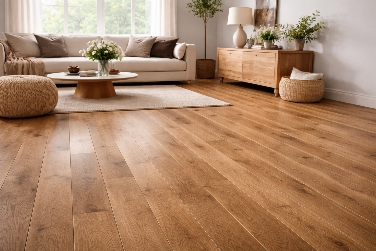 Living room with hardwood flooring, beige sofa, round coffee table with floral arrangement, beige rug, wicker poufs, wooden sideboard with potted plants and lamp, large windows with curtains.