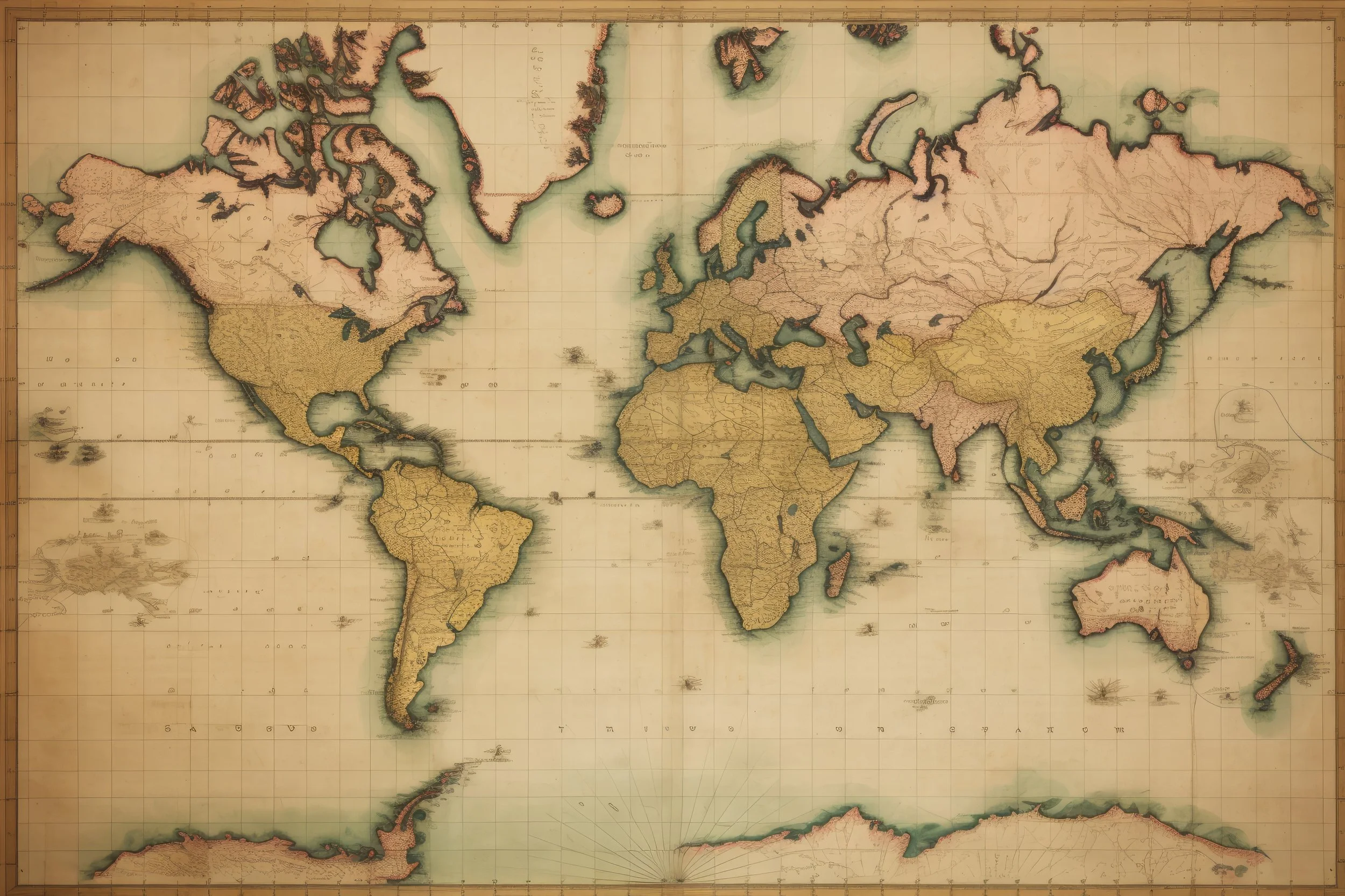 A vintage world map with color-coded continents and detailed geographic features, framed and laid flat on a surface.