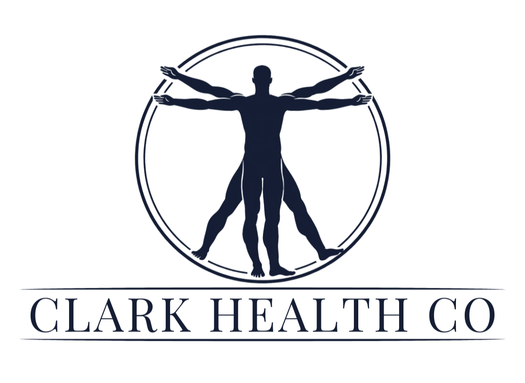 A logo featuring a stylized human figure in multiple shades of blue with arms outstretched, inspired by Leonardo da Vinci's Vitruvian Man, encircled by double rings. Below, the text reads "Clark Health Co." in uppercase letters.