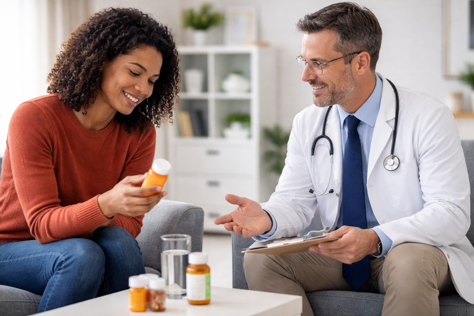 A female patient consulting with a male doctor about medication, sitting in a bright medical office with medicine bottles on a table.