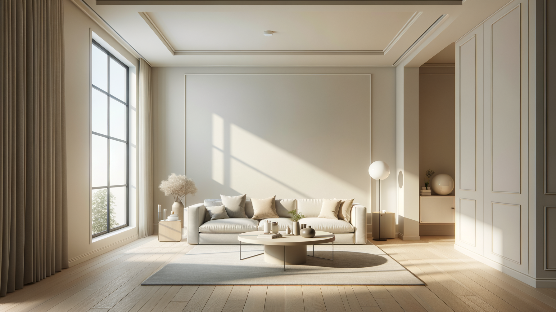 Sunlit living room with white sofa, beige pillows, a round coffee table with decorative items, a area rug, large window with curtains, white walls, a floor lamp, and minimalist decor.