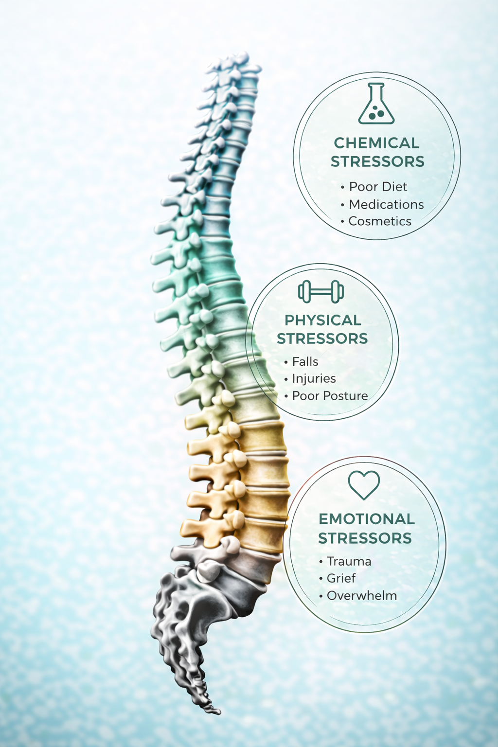 Diagram of a human spine showing different types of stressors, including chemical stressors like poor diet, medications, and cosmetics; physical stressors such as falls, injuries, and poor posture; and emotional stressors like trauma, grief, and overwhelm.