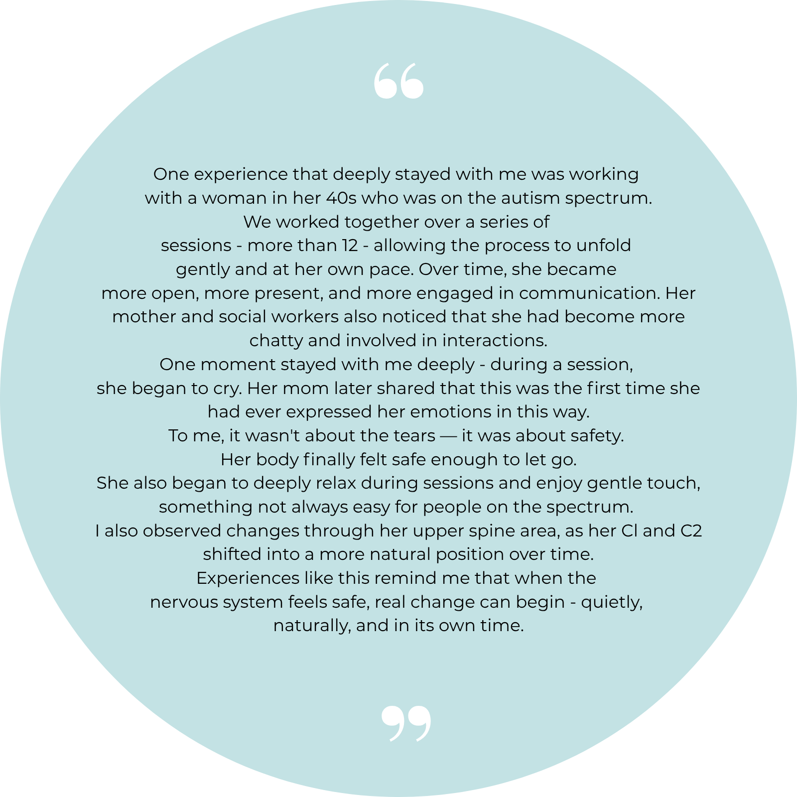 A digital graphic featuring a light blue speech bubble with a quote about autism, communication, and emotional safety.