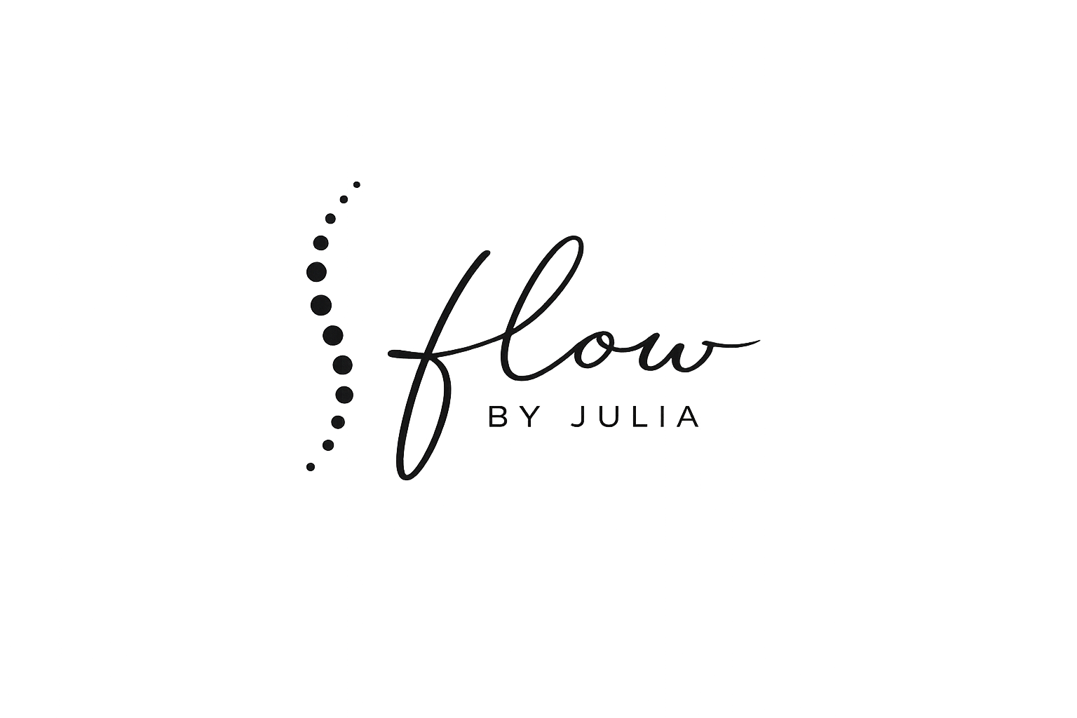 Black logo with the words "Flow by Julia" in cursive and all caps, with a dotted vertical line to the left.