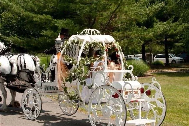 A white horse-drawn carriage decorated with greenery and flowers, parked on a street with trees and cars in the background.