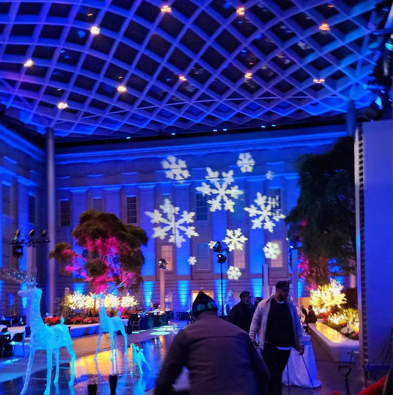 Indoor event space decorated with winter holiday theme, featuring illuminated snowflakes projected on the wall, glowing trees, and decorative reindeer figures.