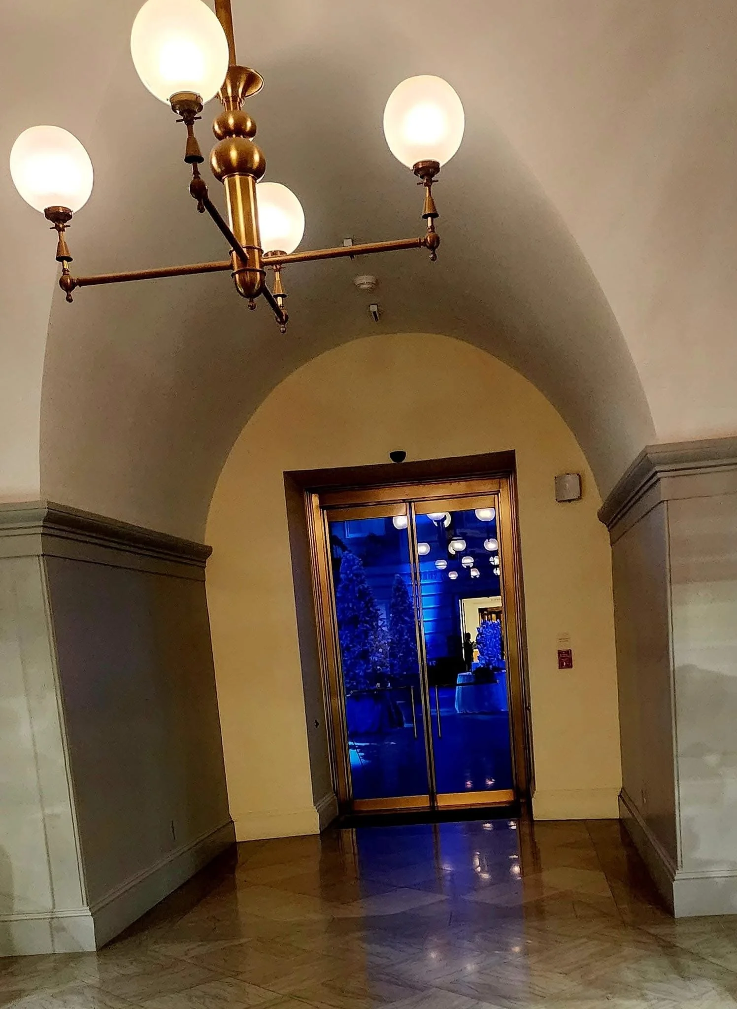 Interior hallway with a chandelier hanging from the ceiling, a set of glass doors leading outside, with trees visible through the doors. The flooring is marble and the walls are painted cream.