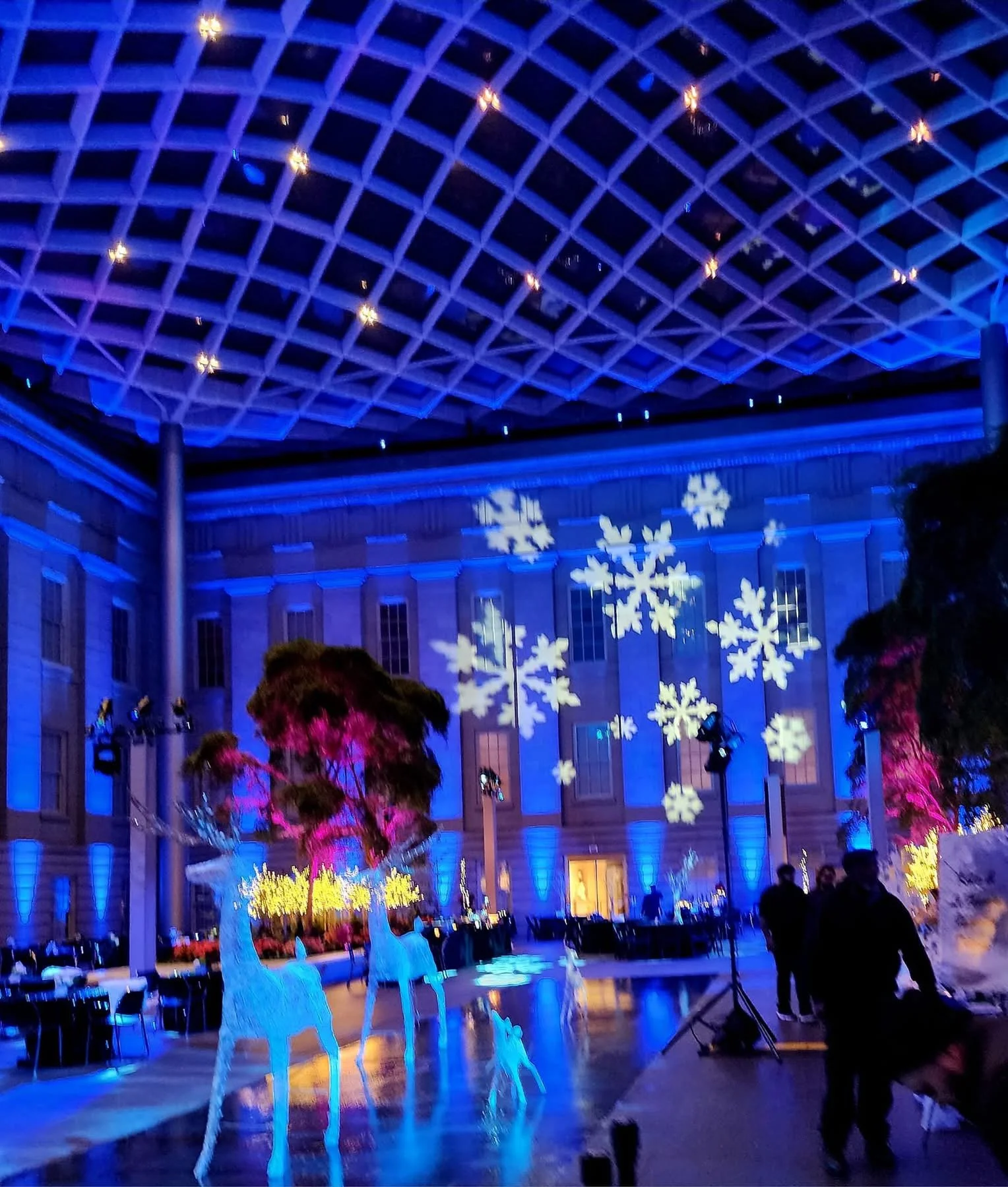 Indoor event space decorated for winter or holiday celebration with blue lighting, snowflake projections on the wall, illuminated trees, and reindeer figurines.
