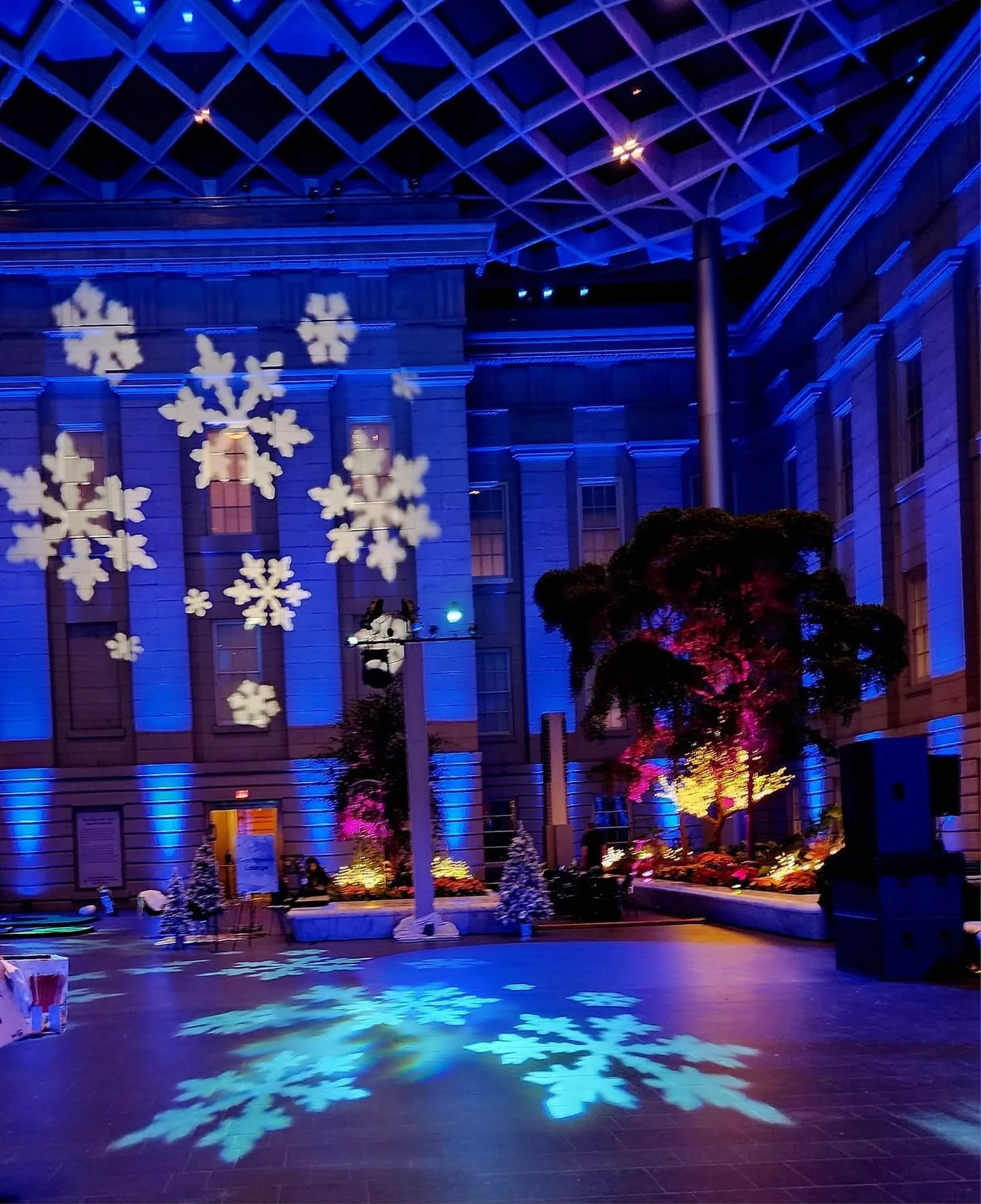 Indoor atrium decorated with large illuminated snowflake projections on the walls and ceiling, with trees and plants lit in colorful lights, and the floor reflecting the snowflake patterns.