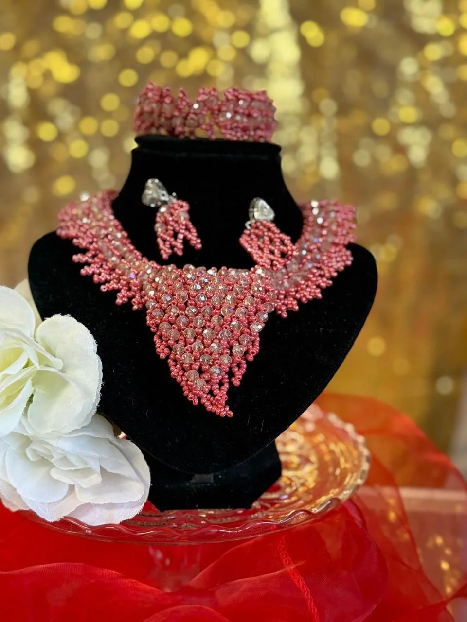 Exquisite Pink Crystal Bead Jewelry Set
