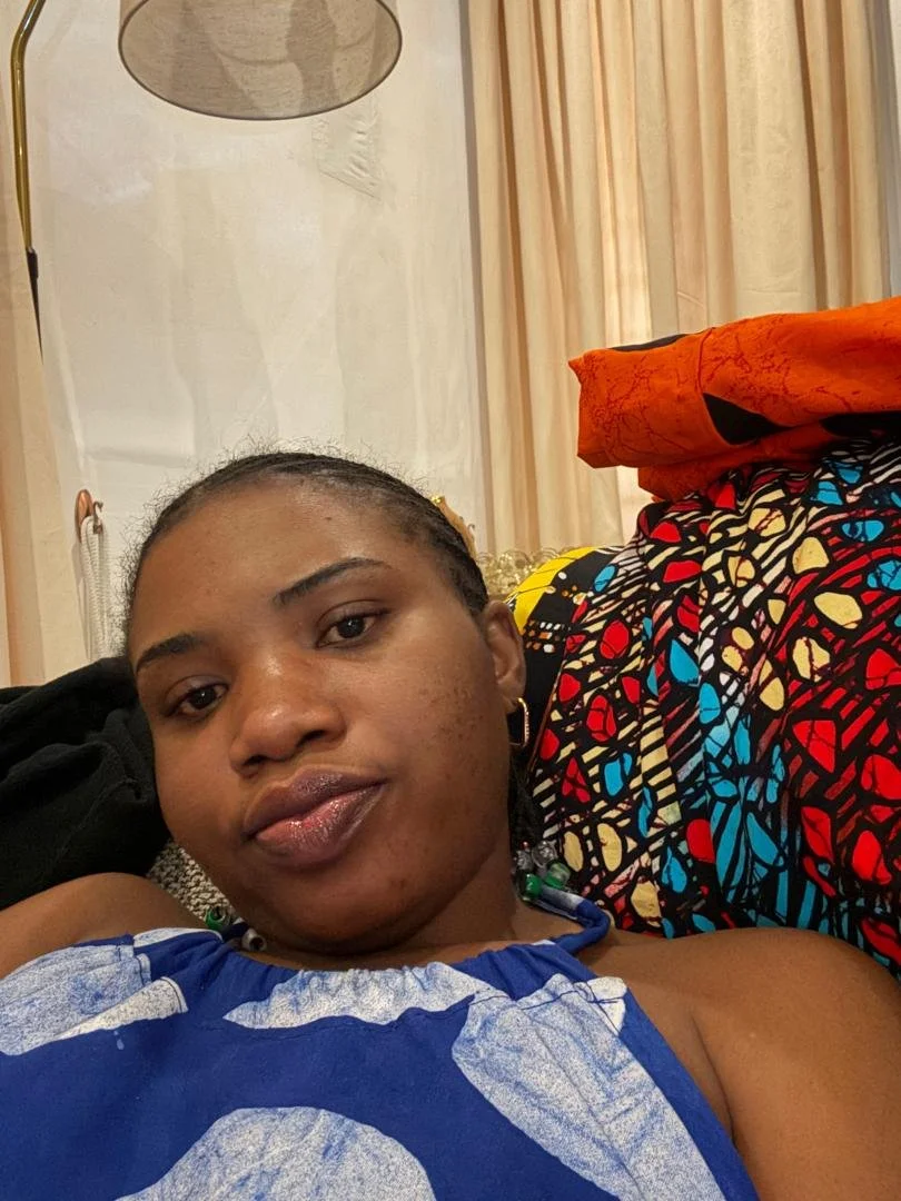 lady joy tired after market errands.