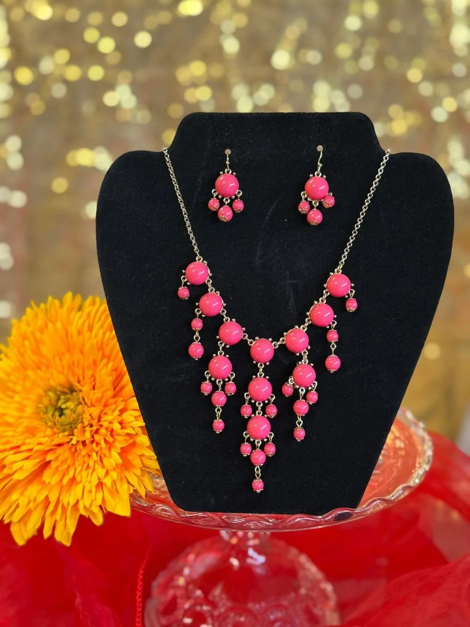 Vibrant Pink Bead Necklace Set with Matching Earrings