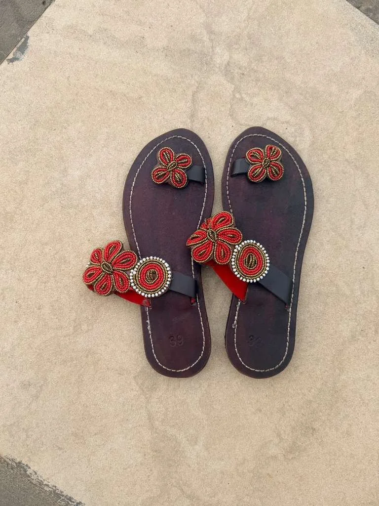Handcrafted Red Beaded Leather Slippers