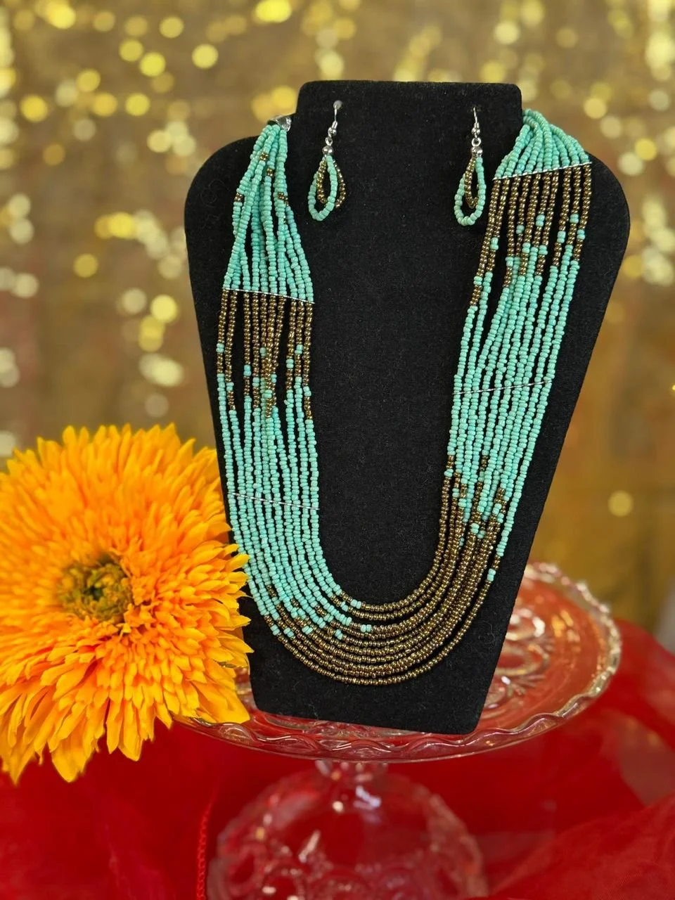Turquoise and Brown Beaded Necklace Set