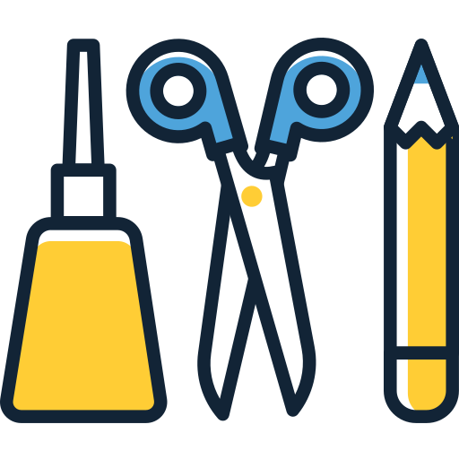 Illustration of a glue bottle, scissors, and a pencil.