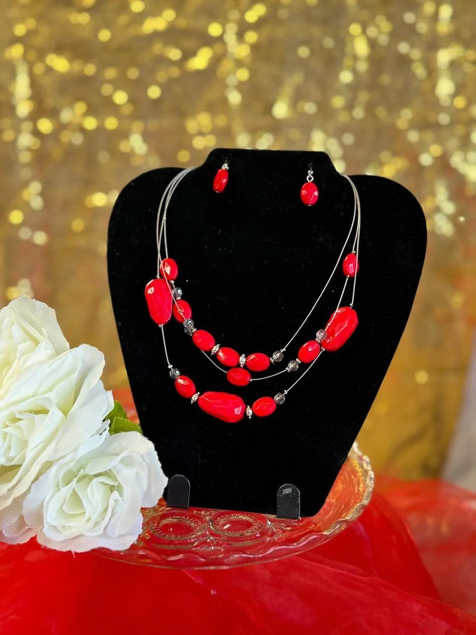 Bold Elegance: Red Bead Necklace & Earring Set