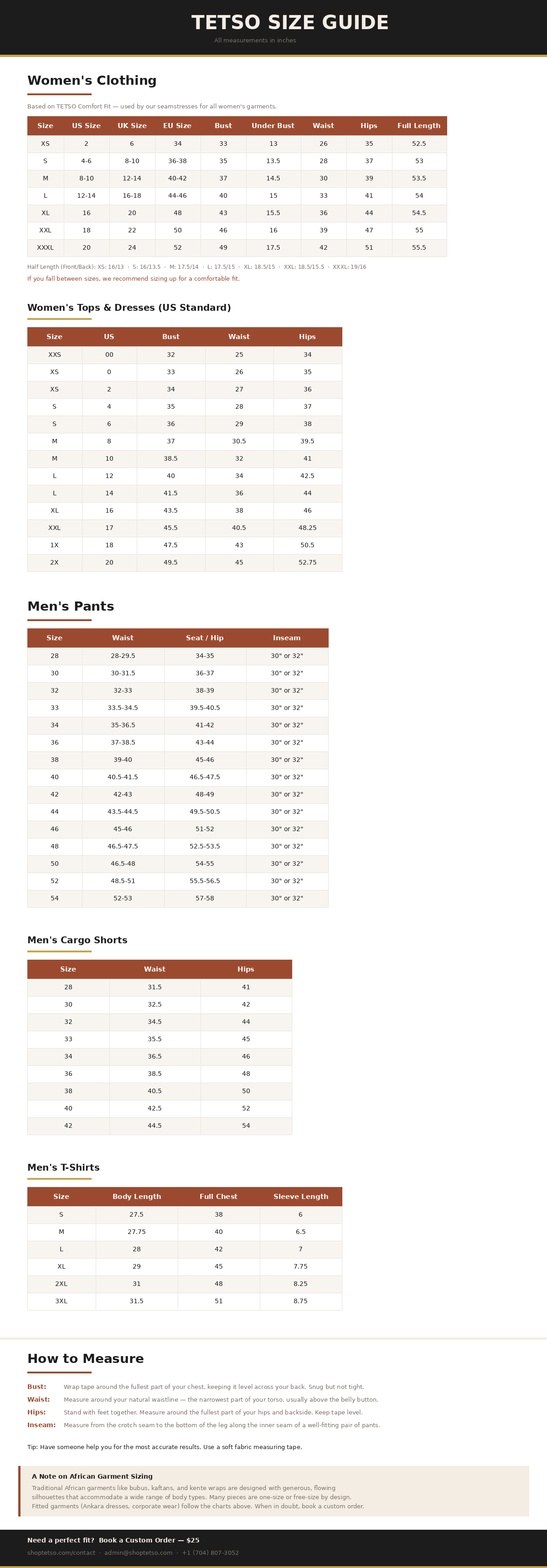 TETSO size guide for women's clothing, tops, dresses, men's pants, cargo shorts, and T-shirts, including measurements and sizing charts.