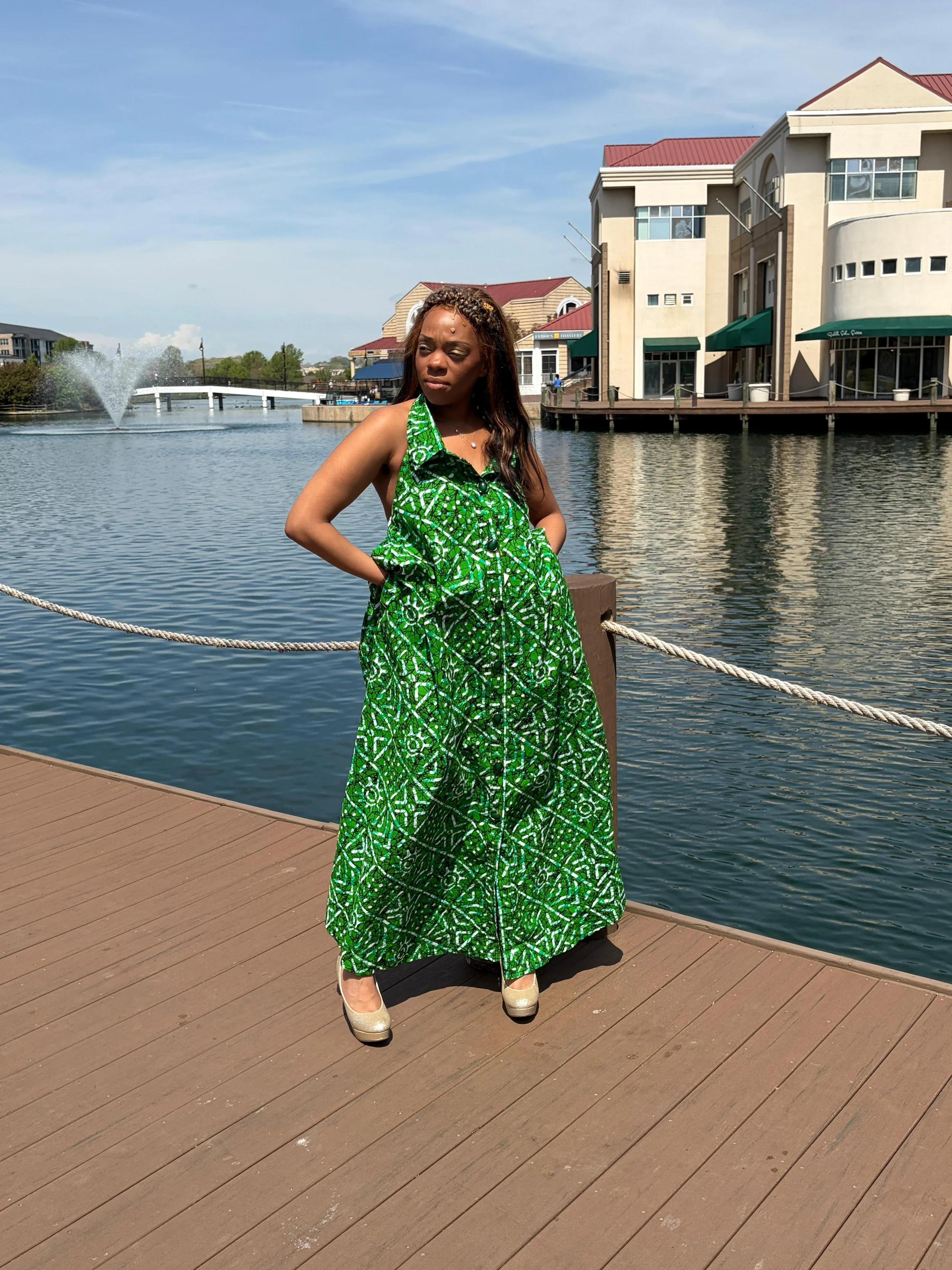 Elegant Green Patterned Maxi Dress