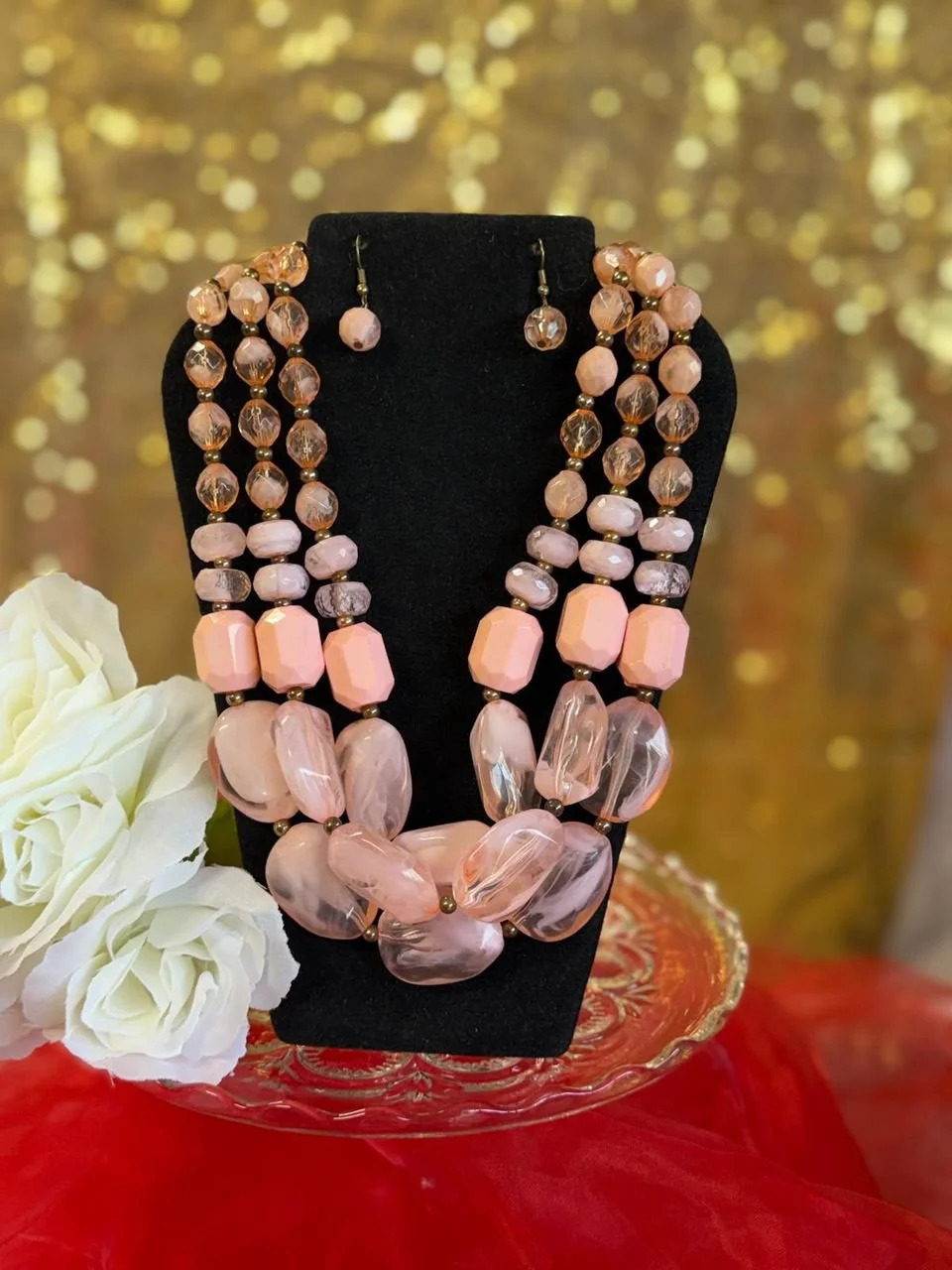 Elegant Pink Bead Necklace Set