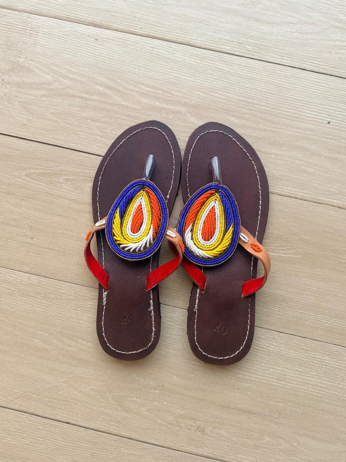 Blue & Red Multi-Color Beaded Leather Slippers