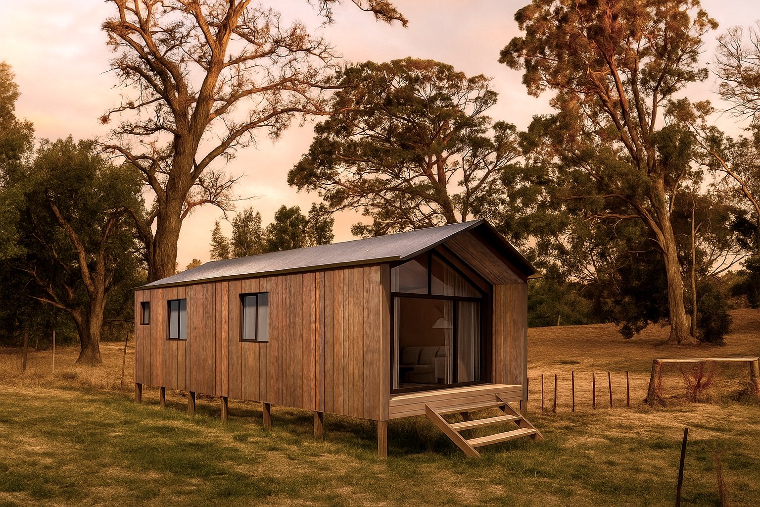 A modern tiny house with wooden exterior walls and a sloped roof, elevated on stilts with steps leading to a sliding glass door. It is situated in a grassy area with trees and a sunset sky in the background.
