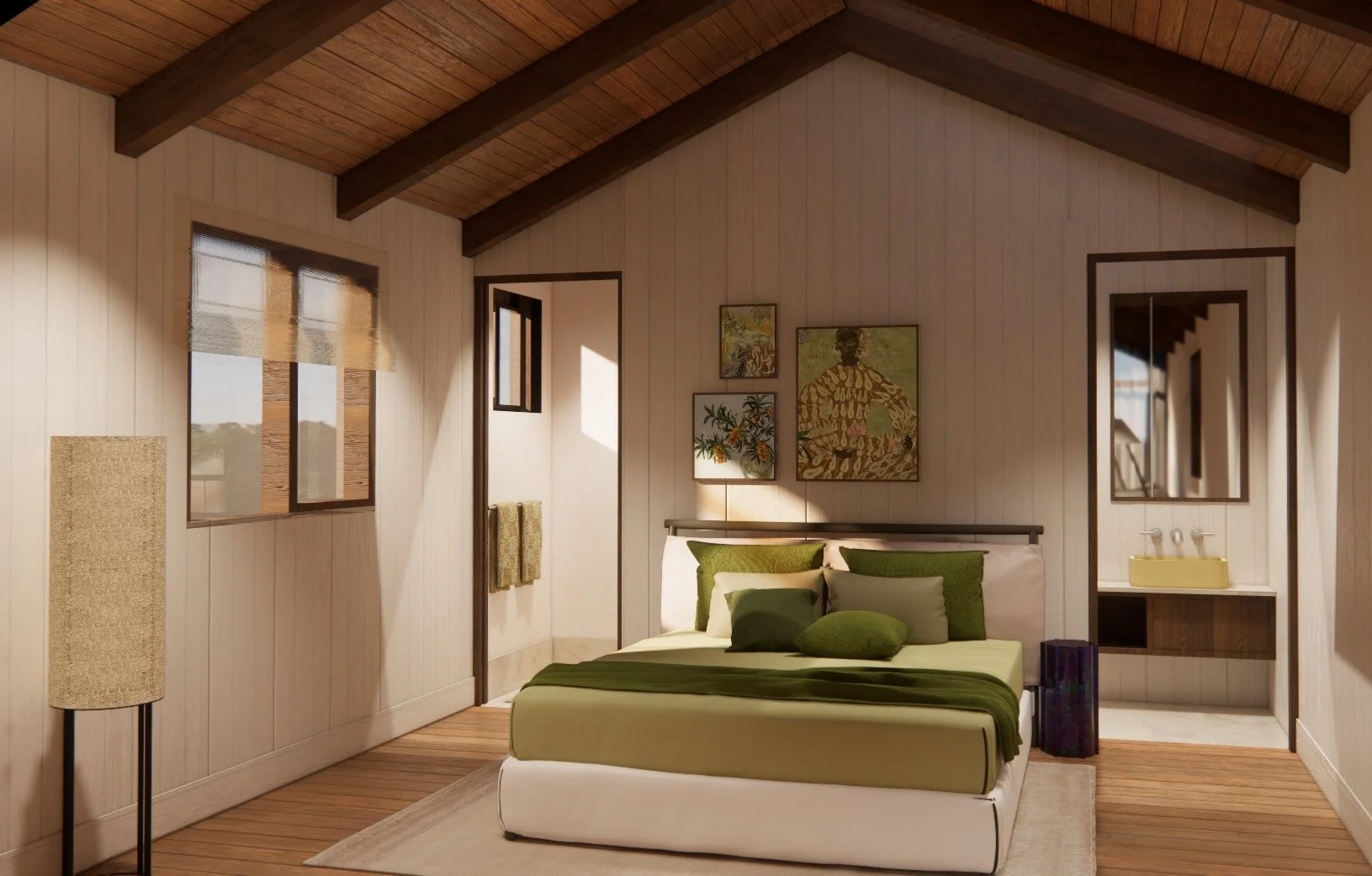 A bedroom with a sloped wooden ceiling, beige panel walls, a bed with green and beige pillows, a beige blanket, wooden floor, and artwork on the wall above the bed.