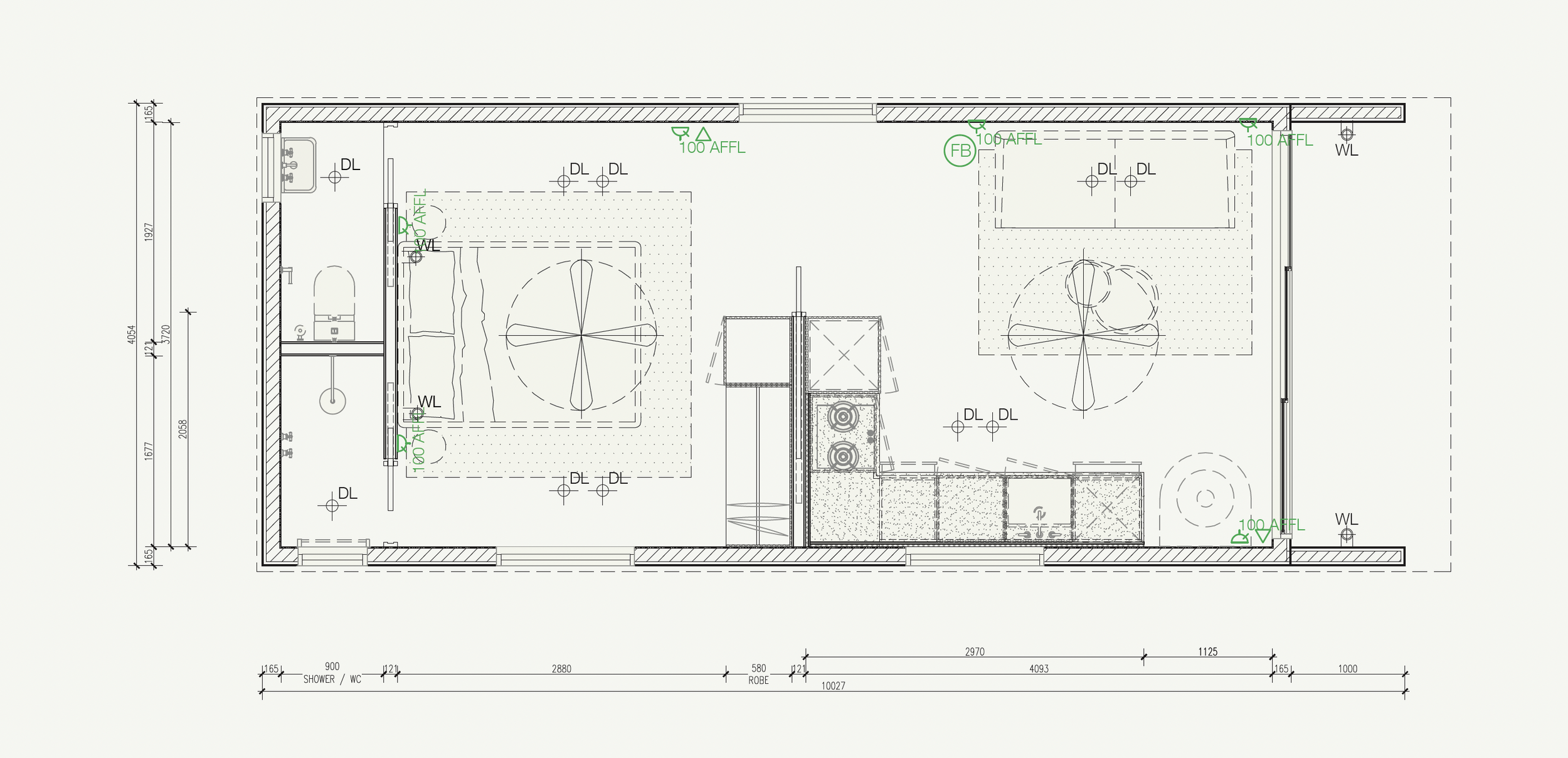 Architectural floor plan of a small apartment with a bathroom on the left, a kitchen in the middle, and a living area on the right, including measurements and electrical details.