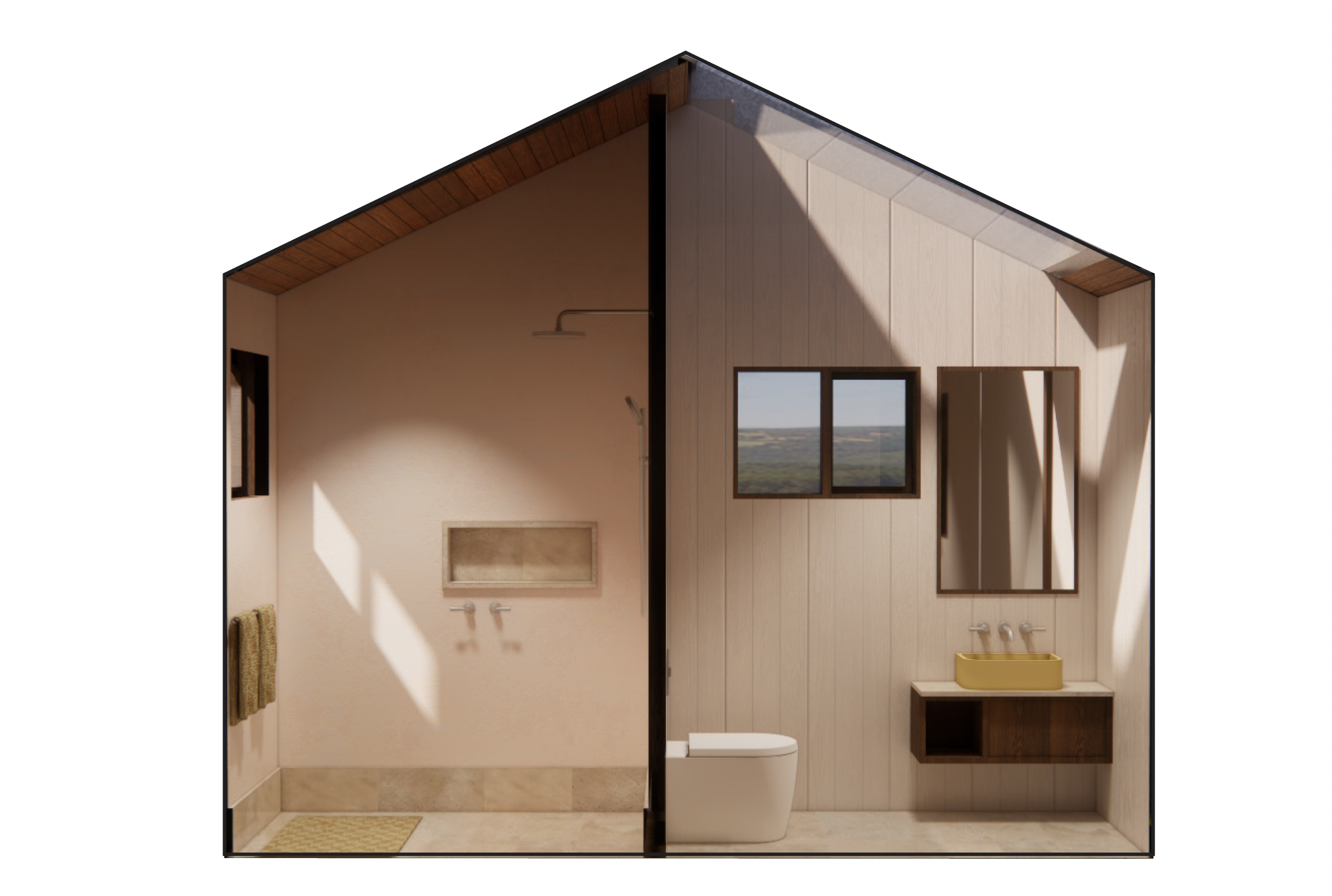 Cross-section of a bathroom showing a shower area with a showerhead, a small window, a toilet, a sink with a mirror, and a second window in a modern, minimalistic design.