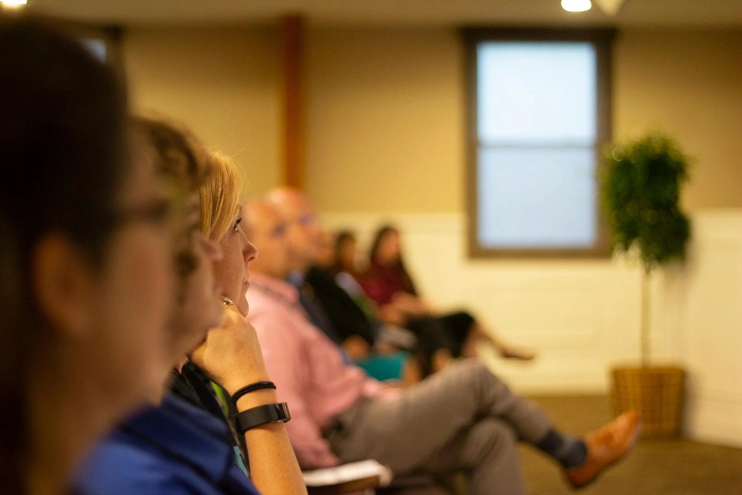 Side view of a group of people sitting in a classroom or conference room, paying attention to a presentation, with a window and a potted plant in the background.