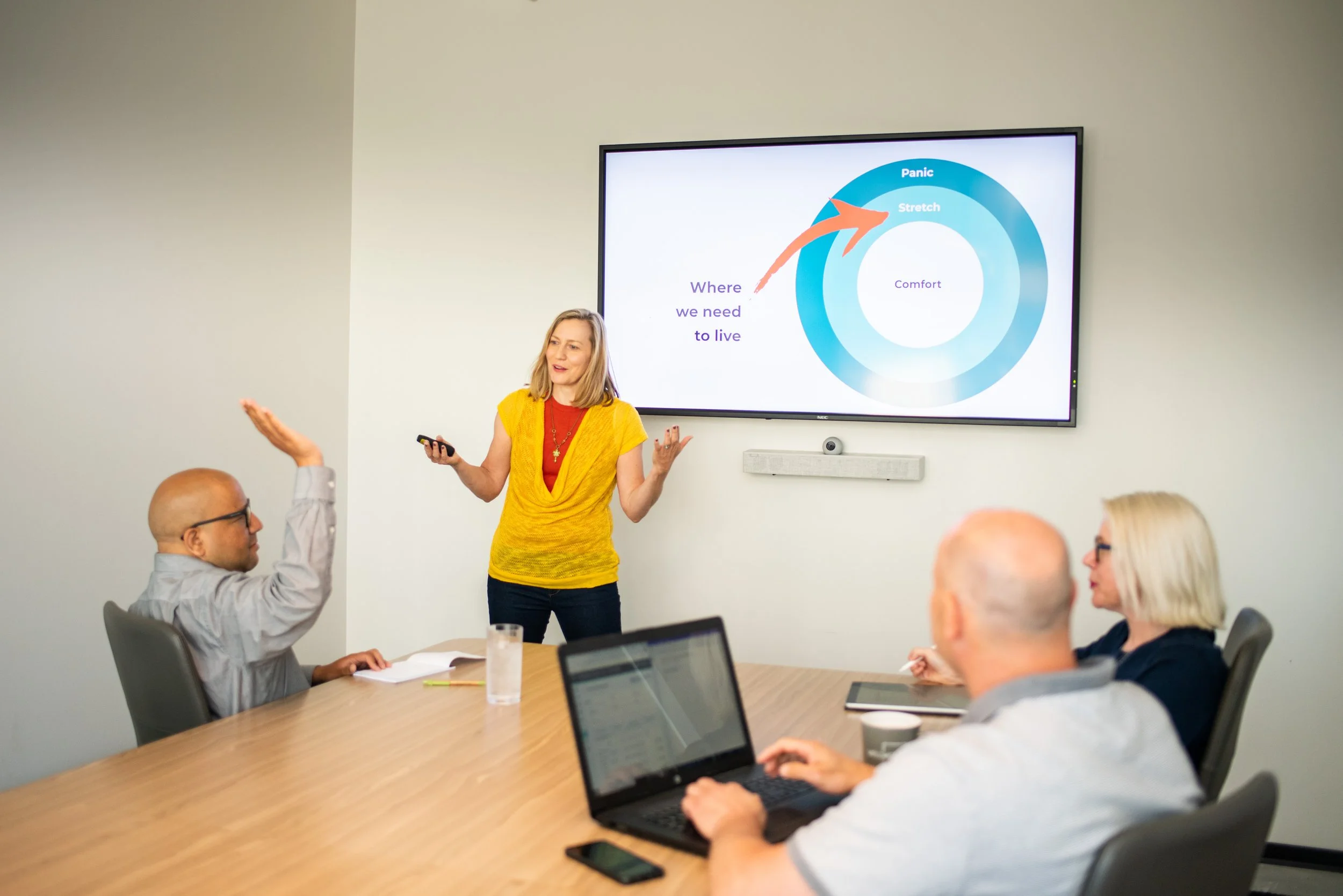 A woman in a yellow top is giving a presentation in a conference room to a group of people. The presentation slide on the screen discusses the need to live in the comfort zone and how to move from stretch to panic. Several attendees are paying attention, with one man raising his hand and another using a laptop.