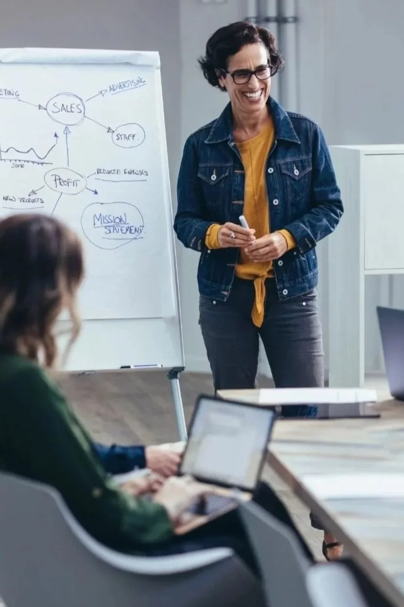 A woman is giving a presentation in a conference room. She is standing next to a whiteboard with diagrams and notes about sales, profit, and mission statement. Two people are seated, one working on a laptop.