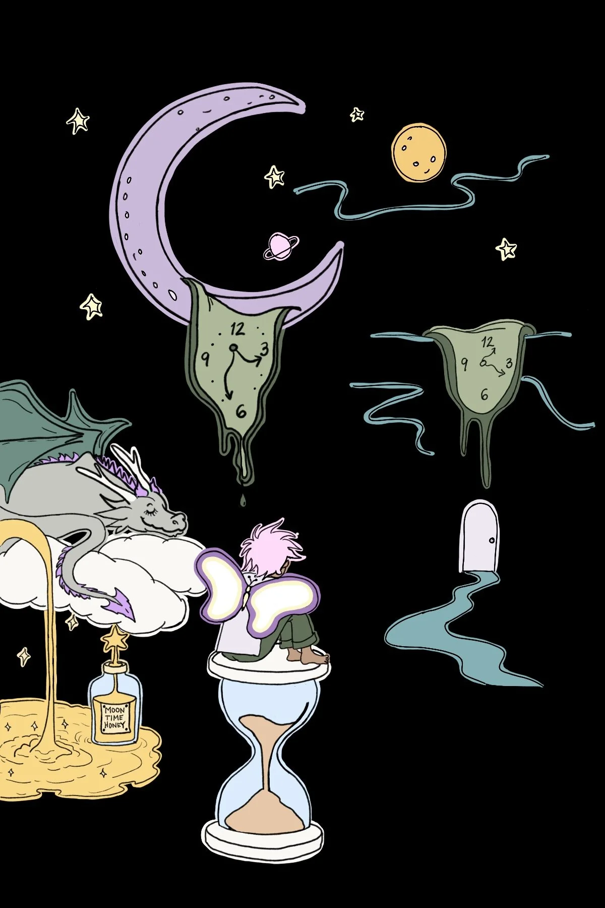 Moon Time Art by Mandy Parida with melting clocks and experience of time blindness adhd