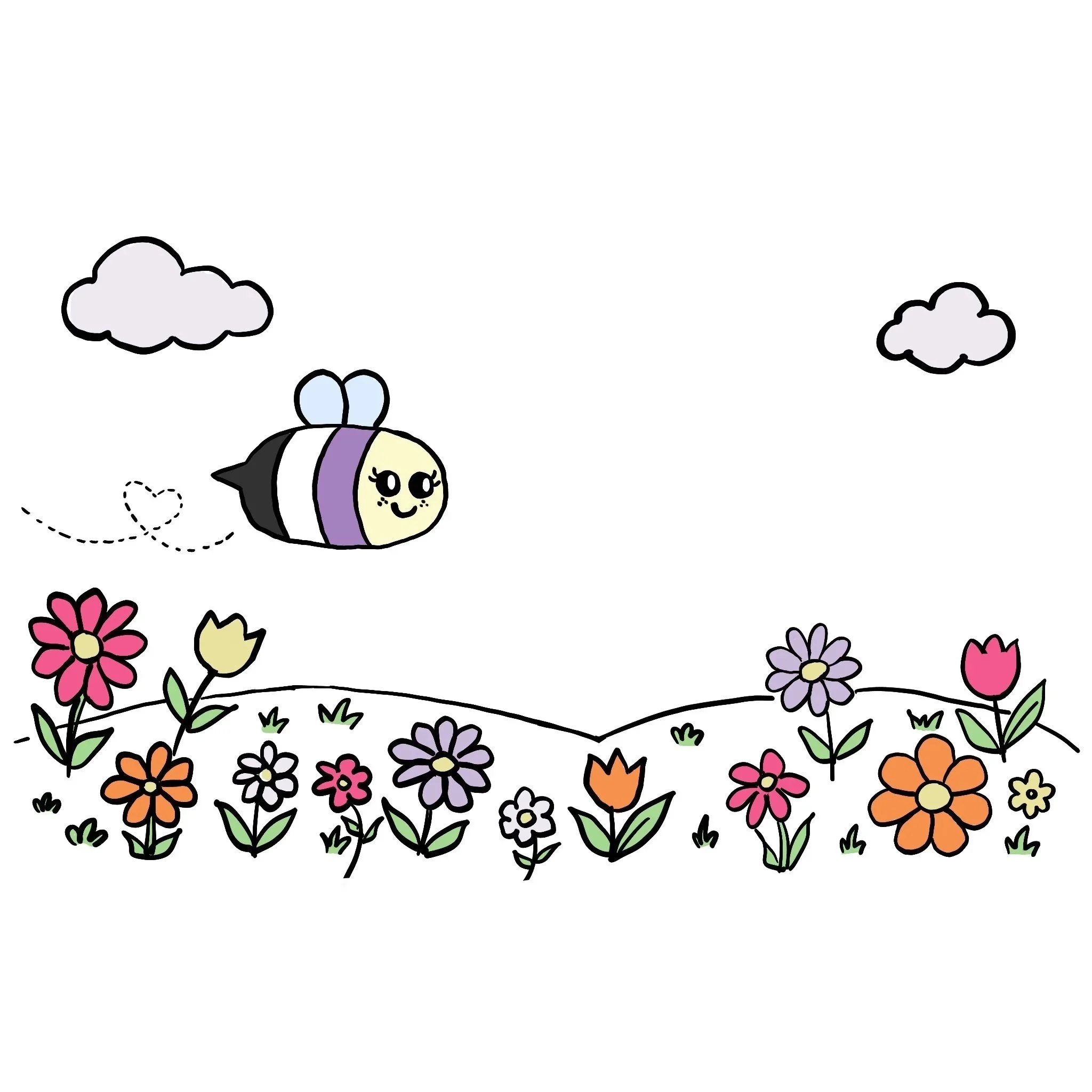 Beeno buzzing freely and unmasked above a colorful meadow.