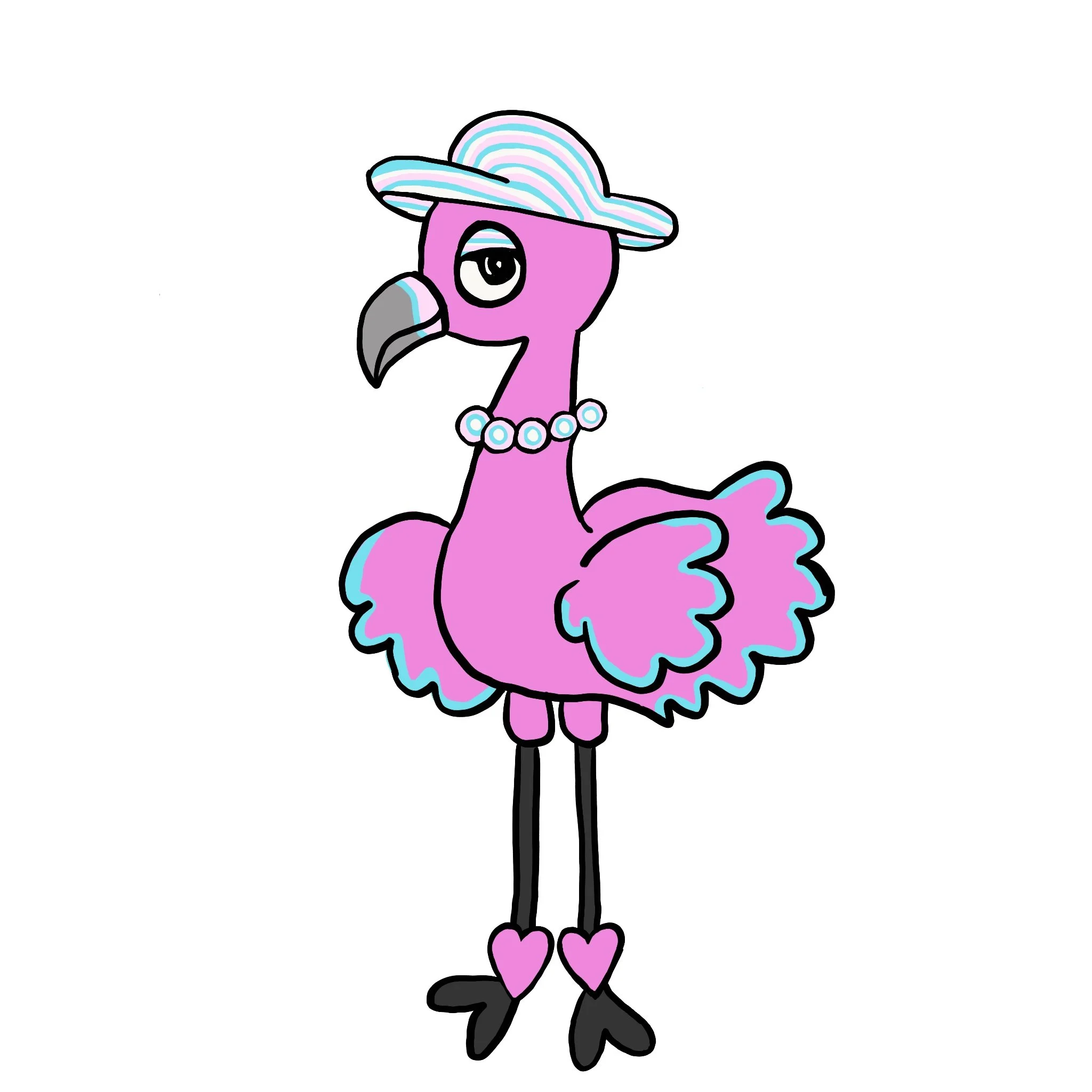 Bella the pink burb wearing a trans flag color hat, pearls, and makeup.