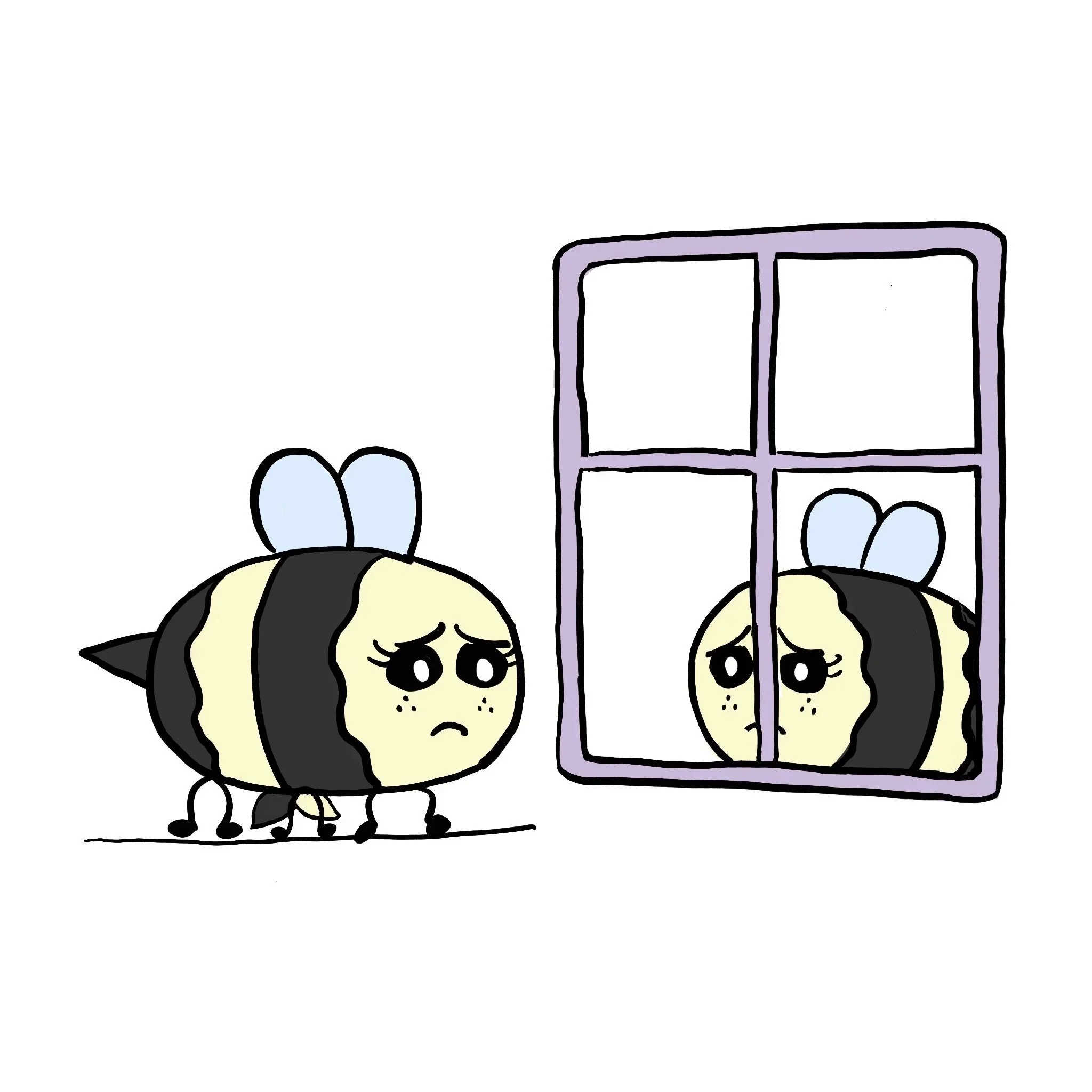 Beeno looking sadly at their reflection while masking in their bandana.