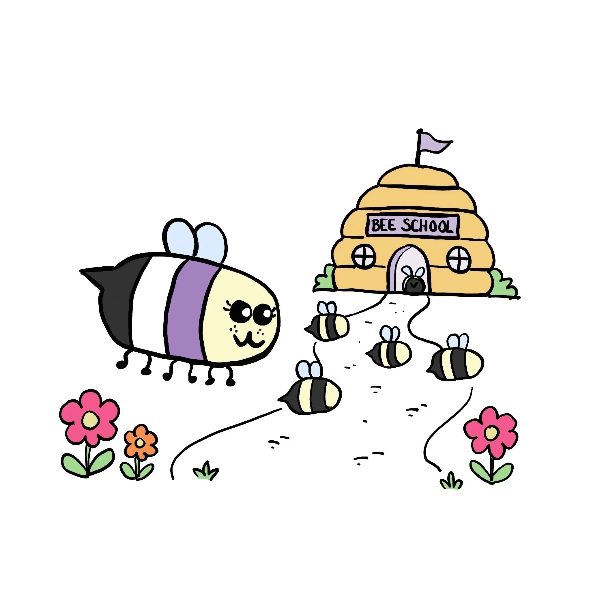 Beeno approaching bee school while unmasked.