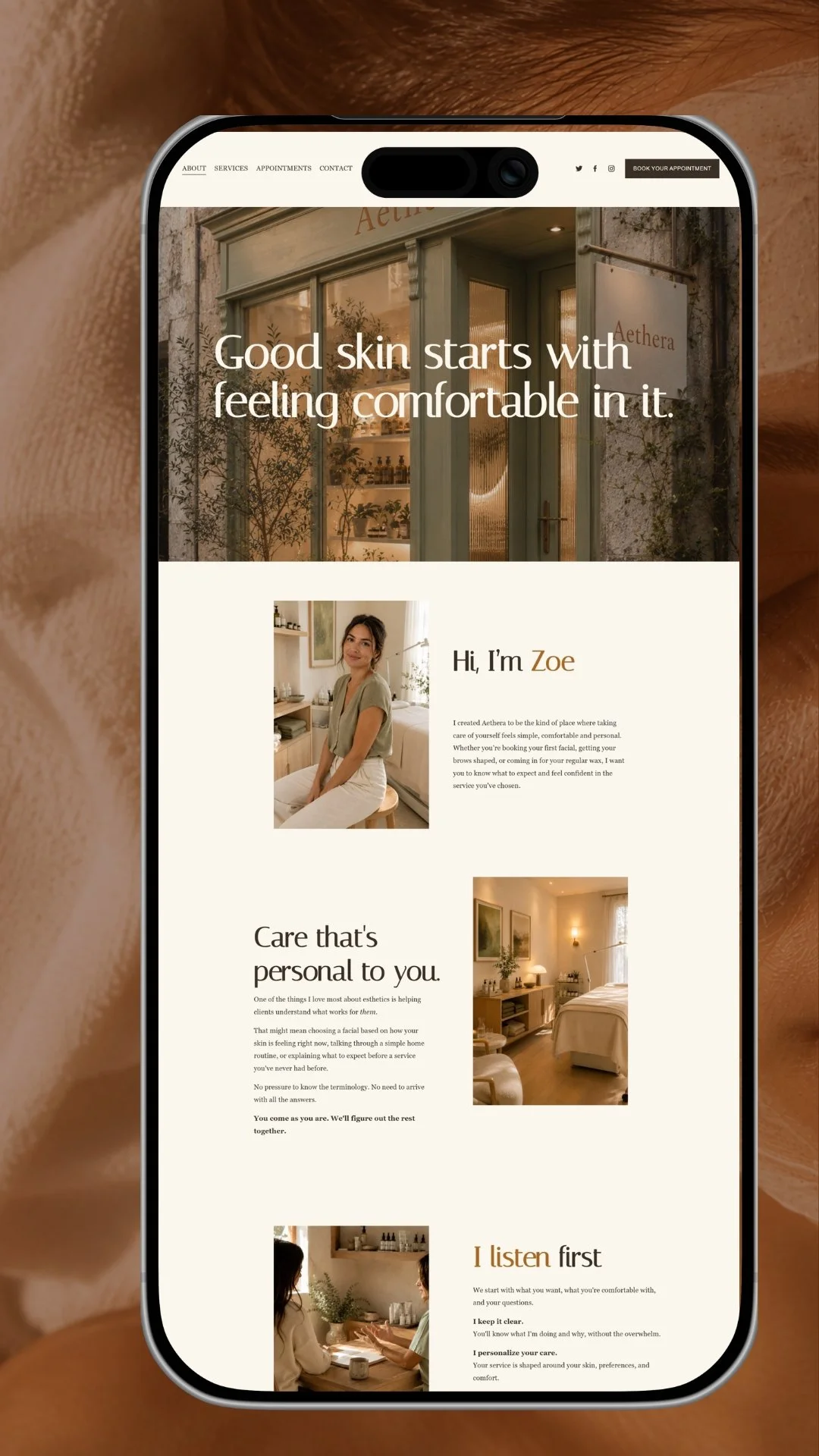 A website homepage for Aethra skincare or wellness spa, featuring a storefront, a welcoming woman named Zoe, and a cozy, well-lit interior room.